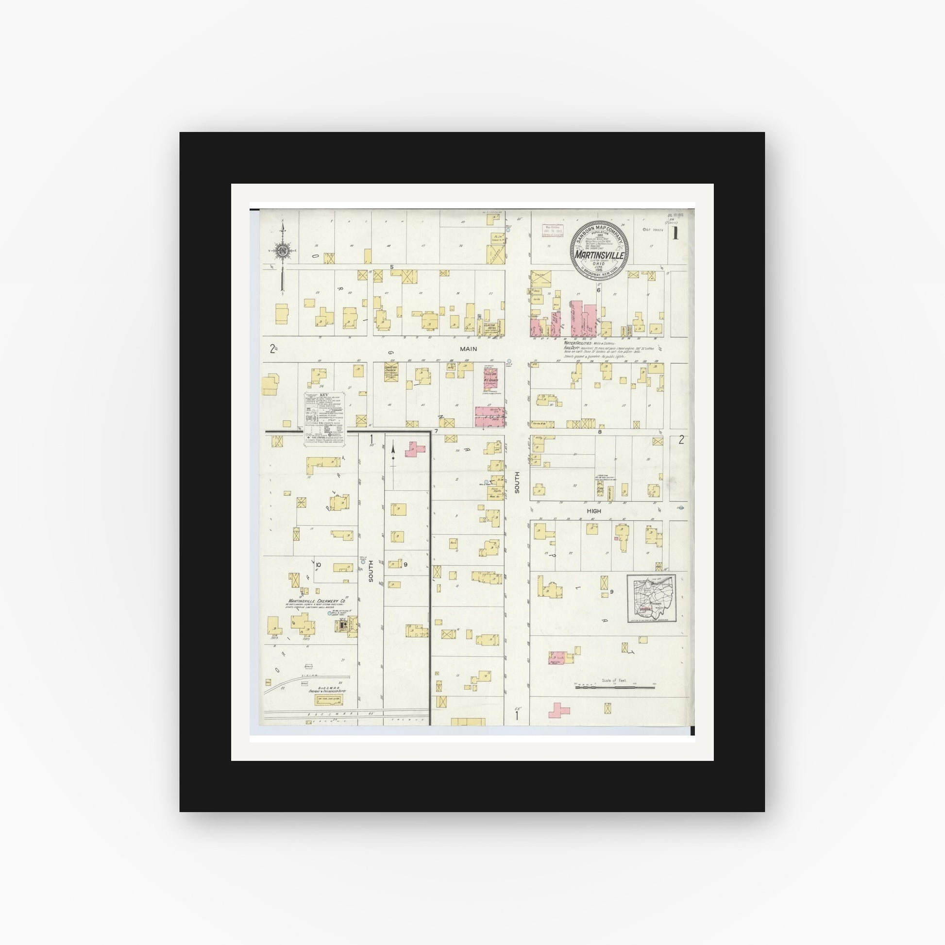 Old map wall art mockup — black gallery frame with white mat — Sanborn Fire Insurance Map from Martinsville, Clinton County, Ohio (1915) - Complete Map Set