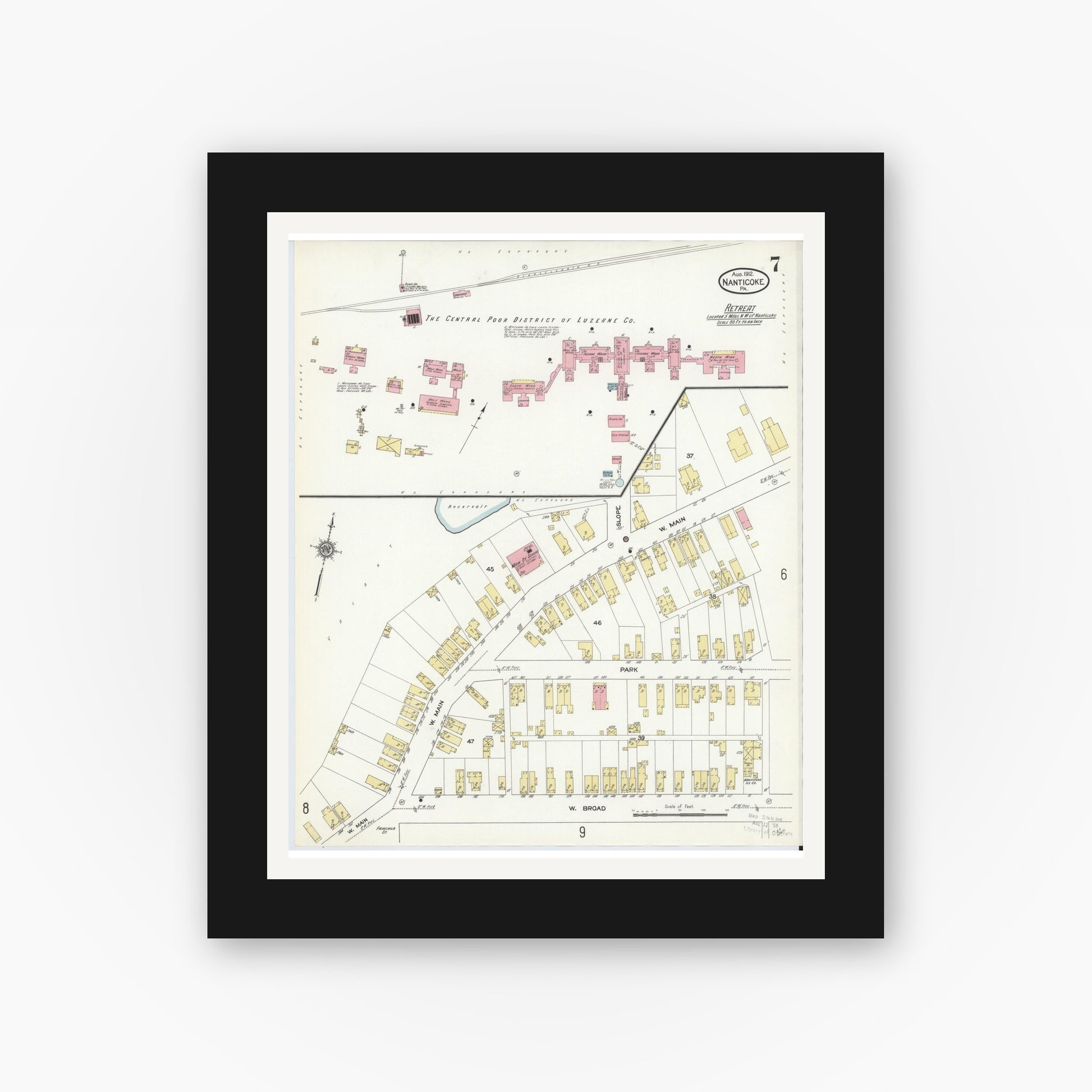 Old map wall art mockup — black gallery frame with white mat — Sanborn Fire Insurance Map from Nanticoke, Luzerne County, Pennsylvania (1912), Sheet #0007