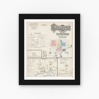 Old map wall art mockup — black gallery frame with white mat — Sanborn Fire Insurance Map from Columbia City, Whitley County, Indiana (1886) - Complete Map Set