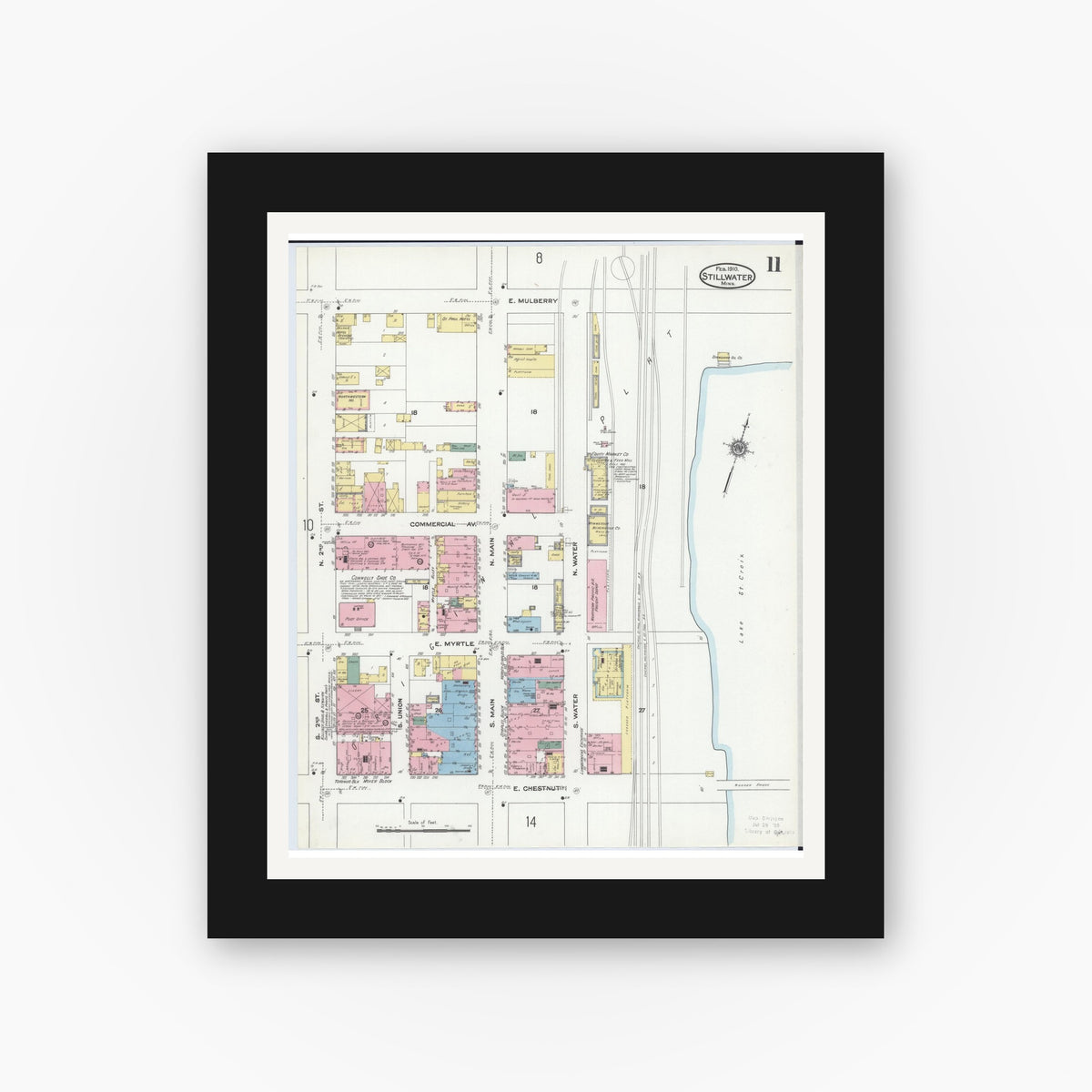 Old map wall art mockup — black gallery frame with white mat — Sanborn Fire Insurance Map from Stillwater, Washington County, Minnesota (1910), Sheet #0011