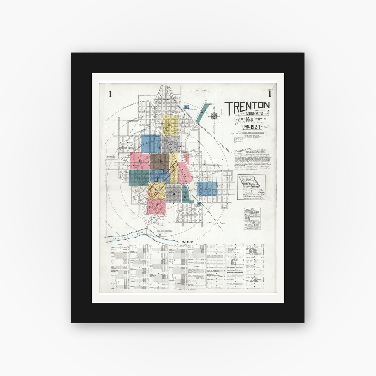 Old map wall art mockup — black gallery frame with white mat — Sanborn Fire Insurance Map from Trenton, Grundy County, Missouri (1924) - Complete Map Set