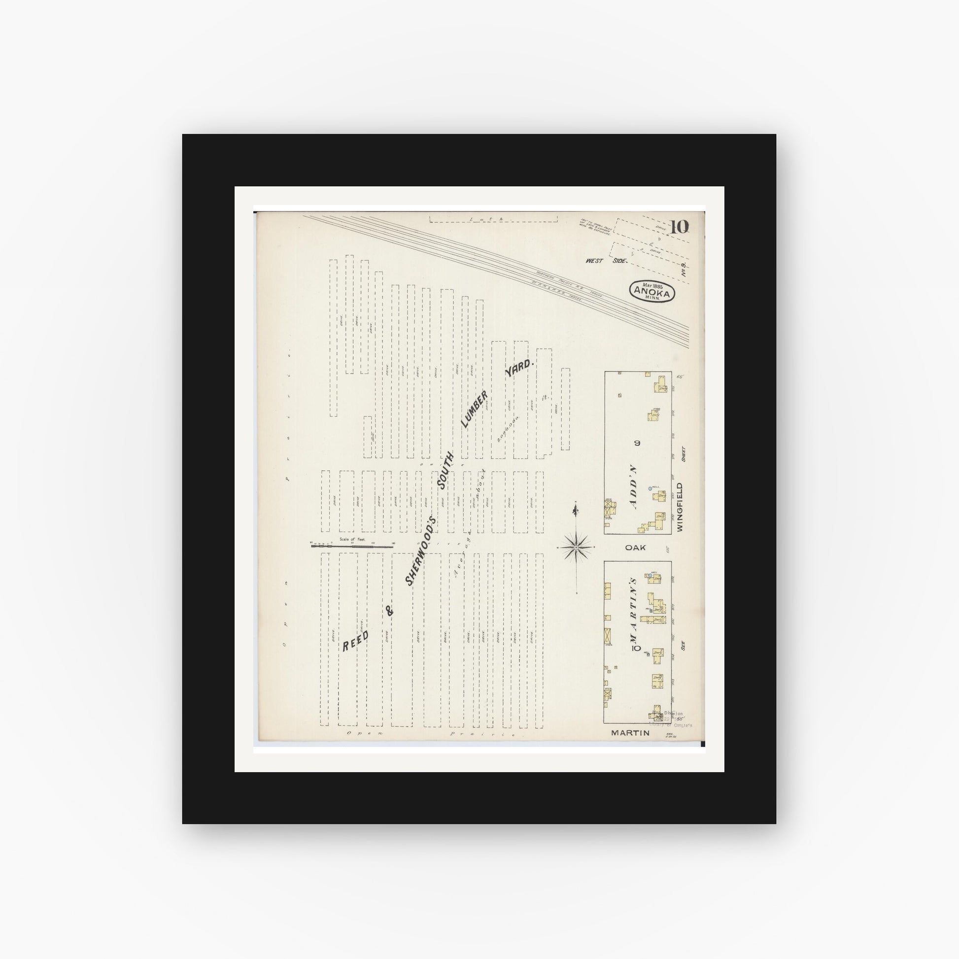 Old map wall art mockup — black gallery frame with white mat — Sanborn Fire Insurance Map from Anoka, Anoka County, Minnesota (1885), Sheet #0010