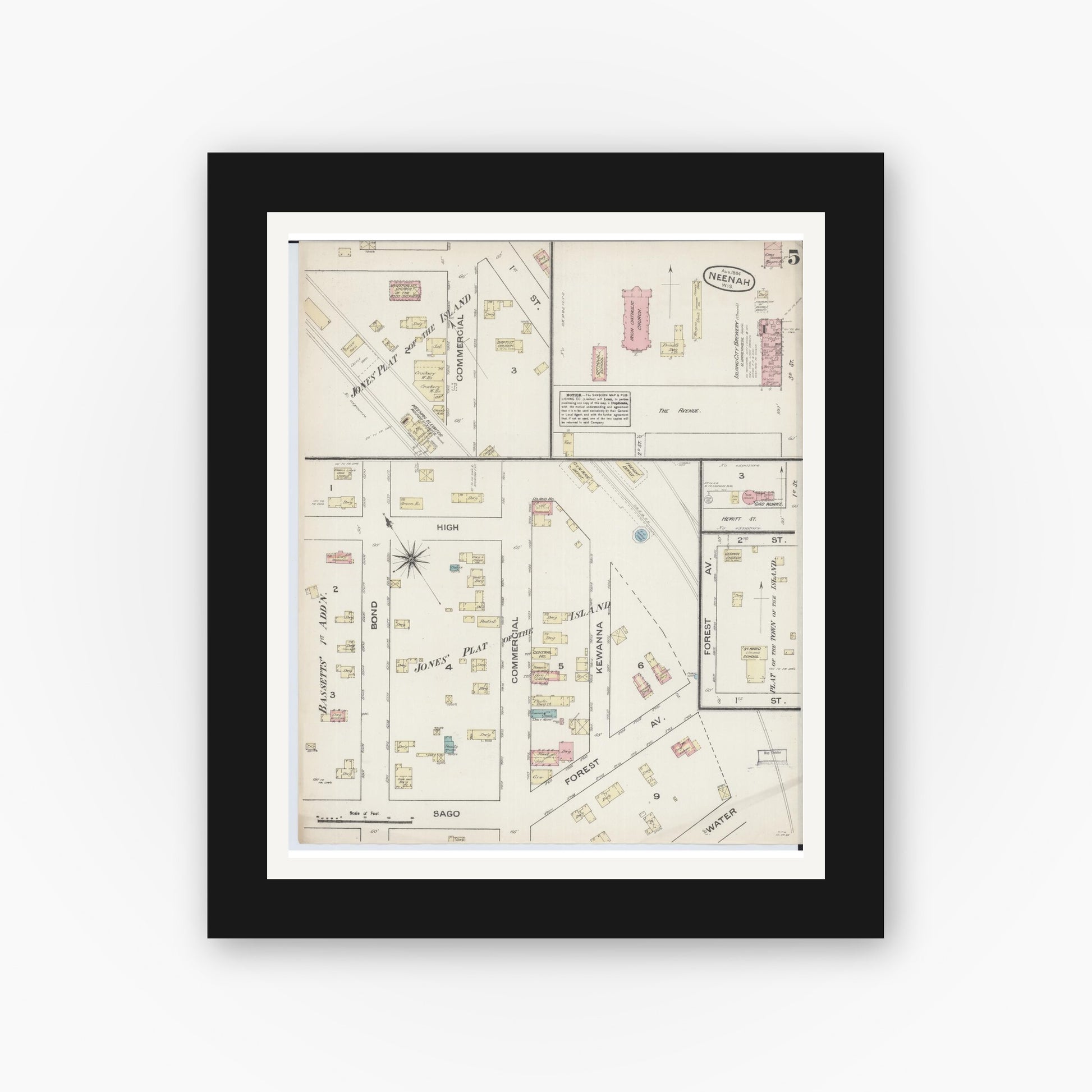Old map wall art mockup — black gallery frame with white mat — Sanborn Fire Insurance Map from Neenah, Winnebago County, Wisconsin (1884), Sheet #0005