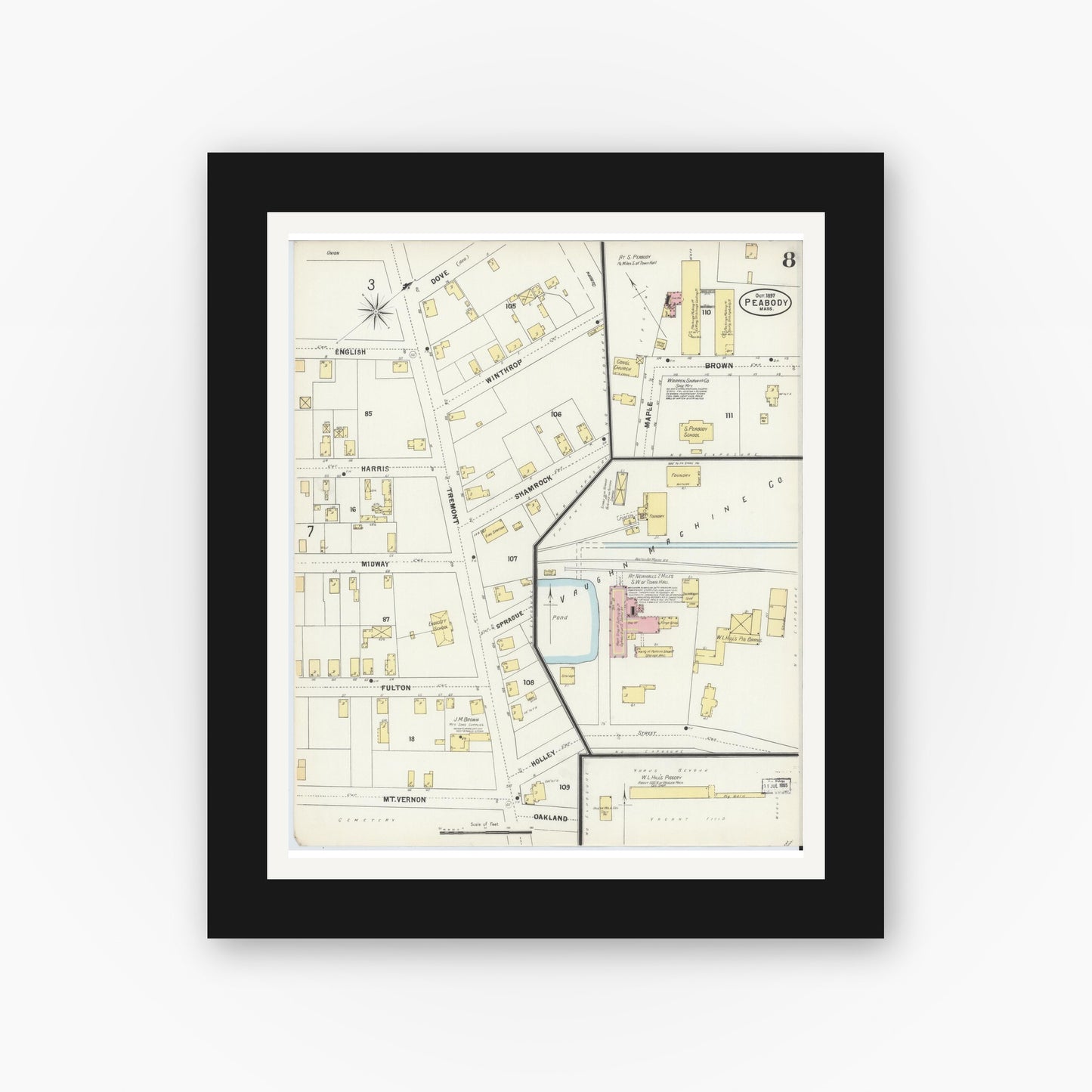 Old map wall art mockup — black gallery frame with white mat — Sanborn Fire Insurance Map from Peabody, Essex County, Massachusetts (1897), Sheet #0008