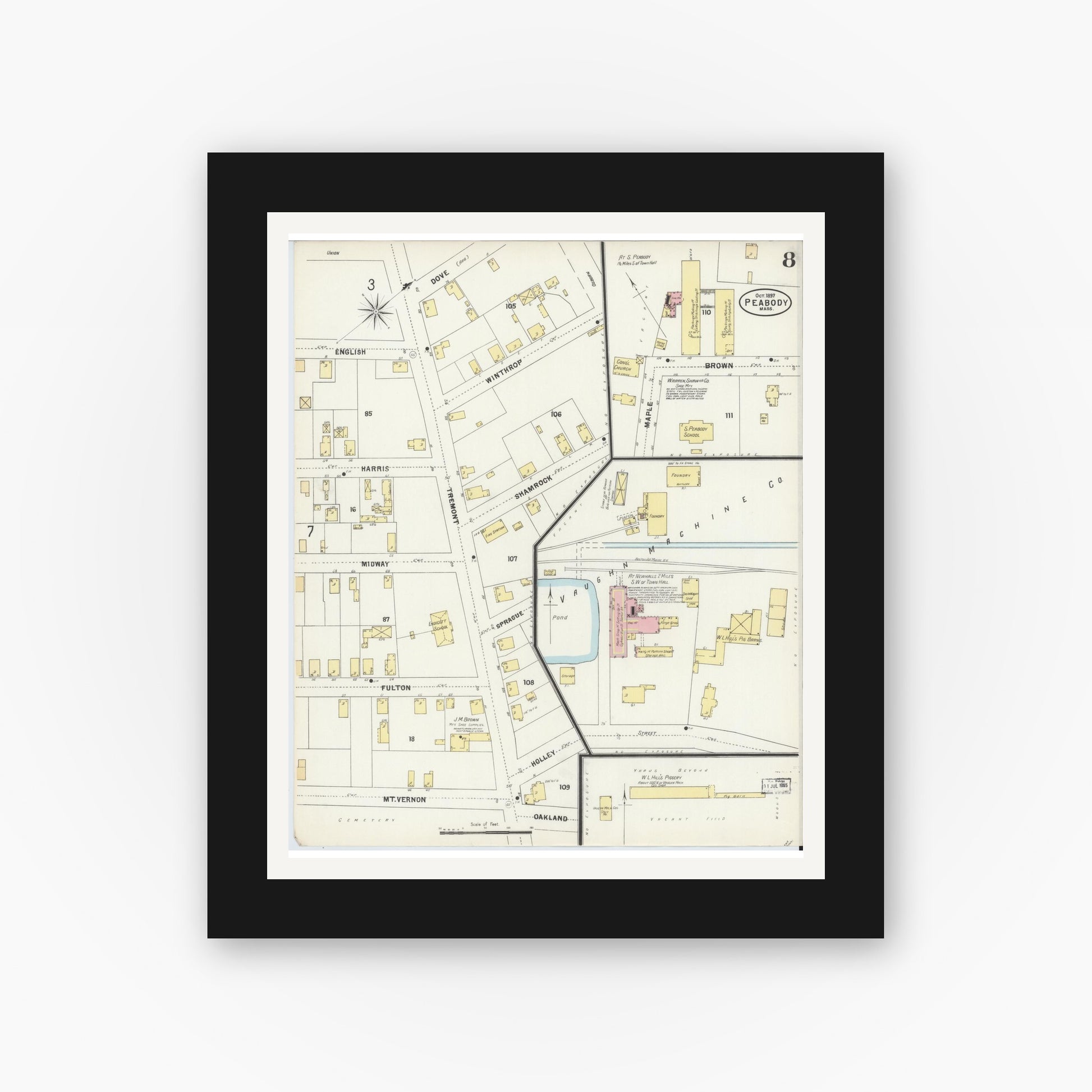 Old map wall art mockup — black gallery frame with white mat — Sanborn Fire Insurance Map from Peabody, Essex County, Massachusetts (1897), Sheet #0008