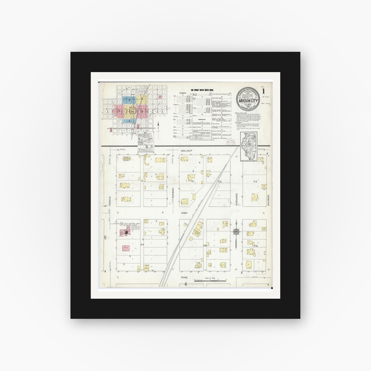 Old map wall art mockup — black gallery frame with white mat — Sanborn Fire Insurance Map from Mason City, Mason County, Illinois (1914), Sheet #0001