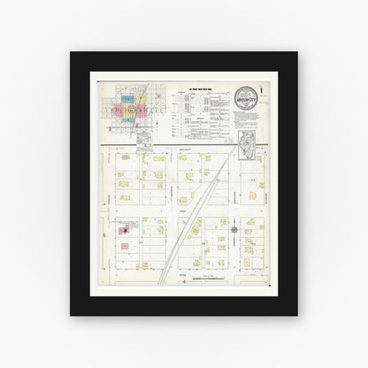 Old map wall art mockup — black gallery frame with white mat — Sanborn Fire Insurance Map from Mason City, Mason County, Illinois (1914), Sheet #0001