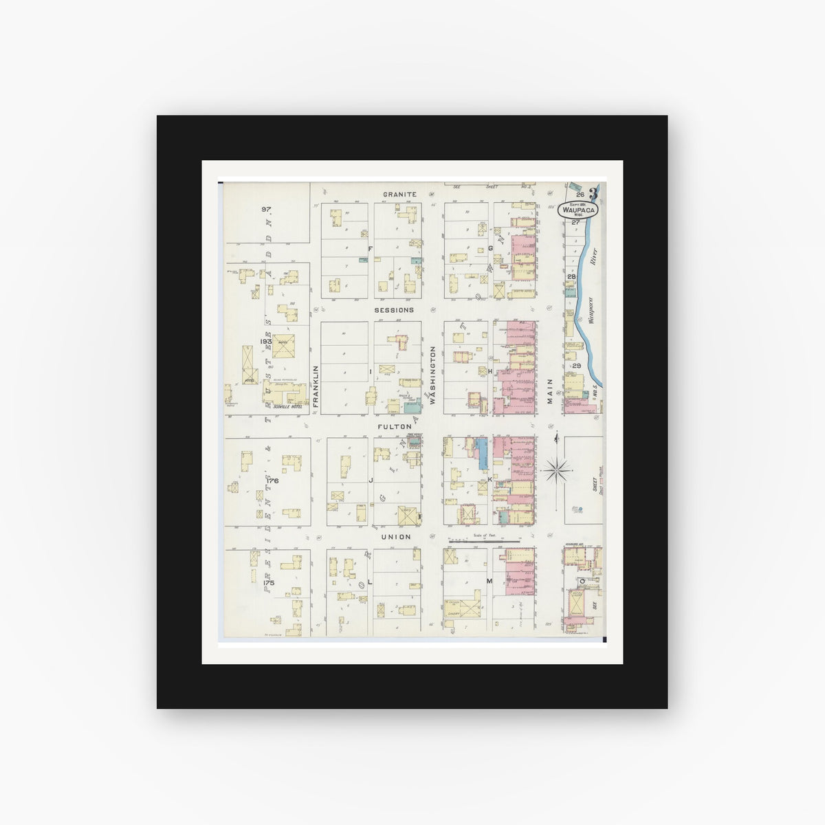 Old map wall art mockup — black gallery frame with white mat — Sanborn Fire Insurance Map from Waupaca, Waupaca County, Wisconsin (1891), Sheet #0003
