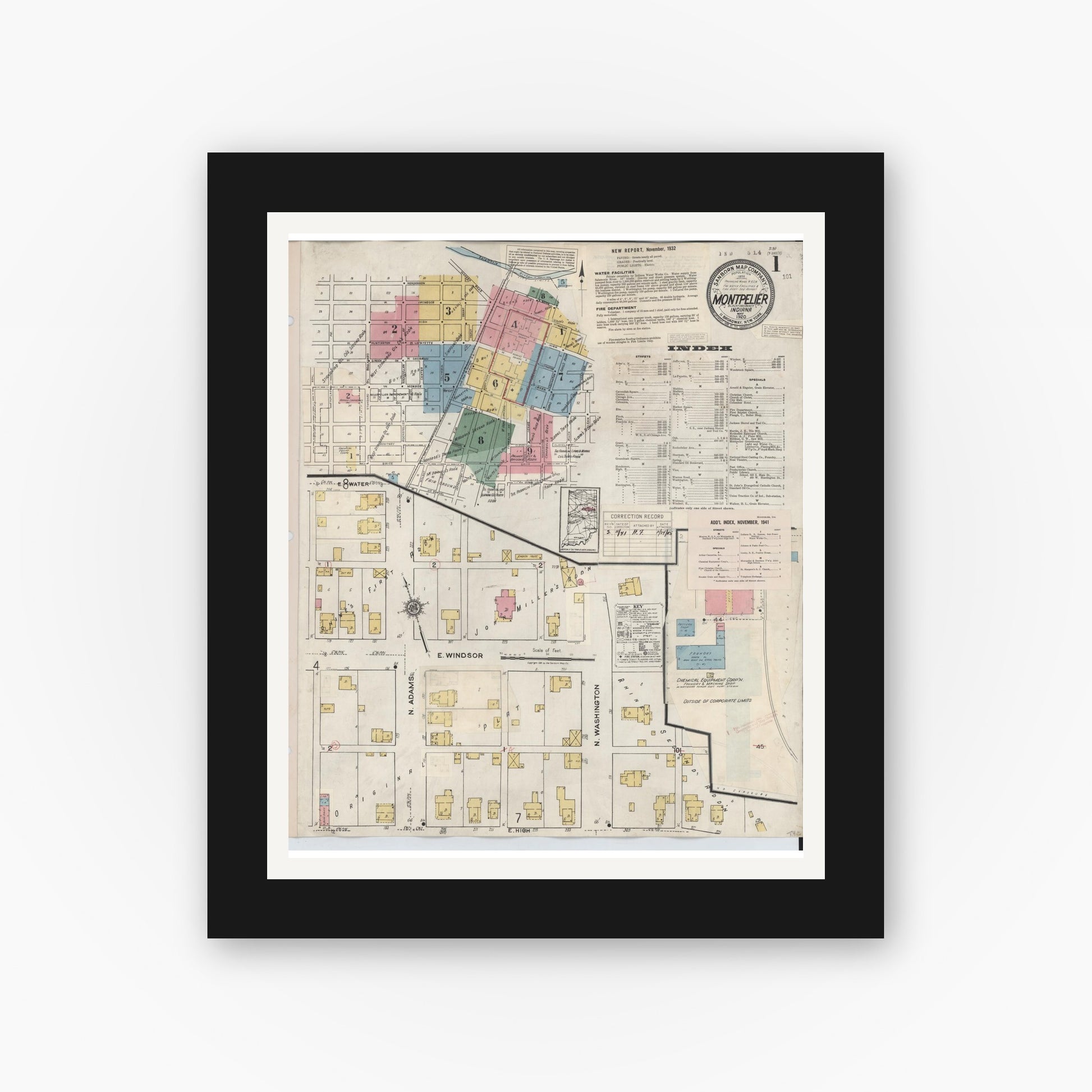 Old map wall art mockup — black gallery frame with white mat — Sanborn Fire Insurance Map from Montpelier, Blackford County, Indiana (1941) - Complete Map Set