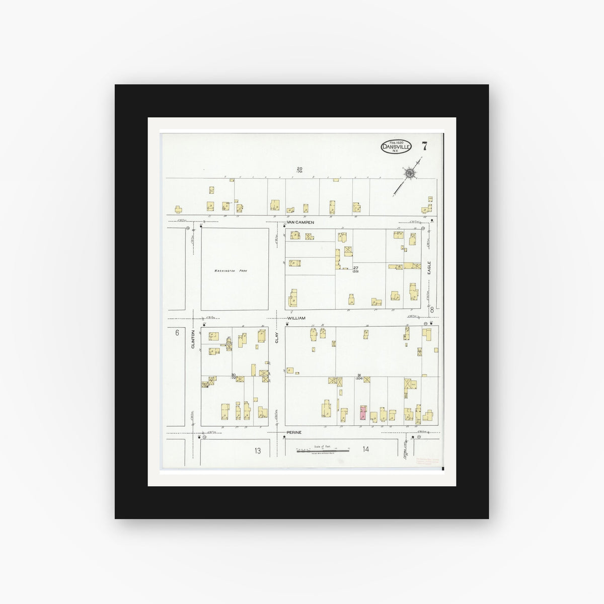 Old map wall art mockup — black gallery frame with white mat — Sanborn Fire Insurance Map from Dansville, Livingston County, New York (1920), Sheet #0007