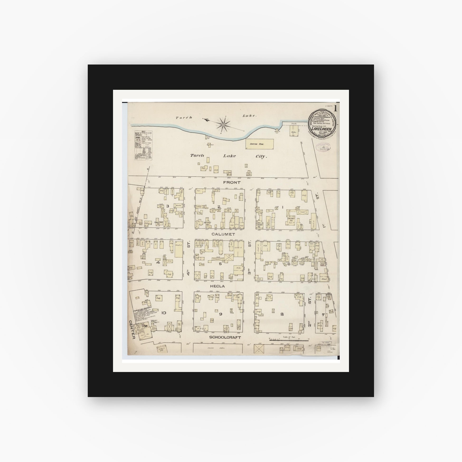Old map wall art mockup — black gallery frame with white mat — Sanborn Fire Insurance Map from Lake Linden, Houghton County, Michigan (1885) - Complete Map Set