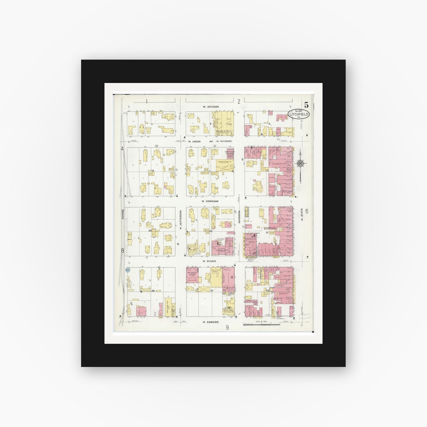 Old map wall art mockup — black gallery frame with white mat — Sanborn Fire Insurance Map from Litchfield, Montgomery County, Illinois (1910), Sheet #0005