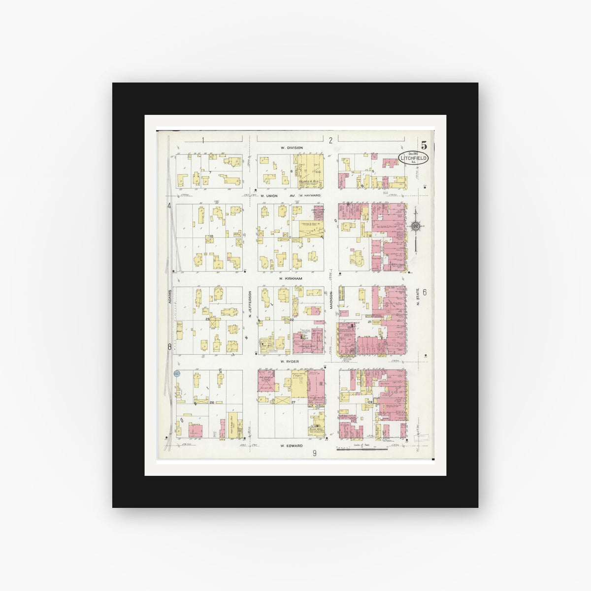 Old map wall art mockup — black gallery frame with white mat — Sanborn Fire Insurance Map from Litchfield, Montgomery County, Illinois (1910), Sheet #0005