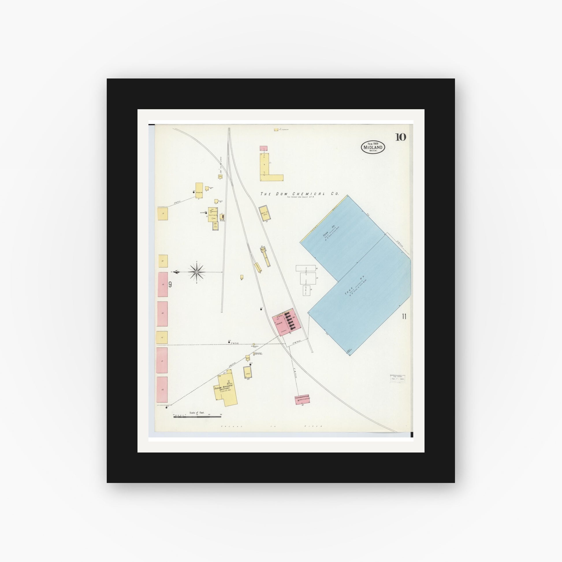 Old map wall art mockup — black gallery frame with white mat — Sanborn Fire Insurance Map from Midland, Midland County, Michigan (1909), Sheet #0010