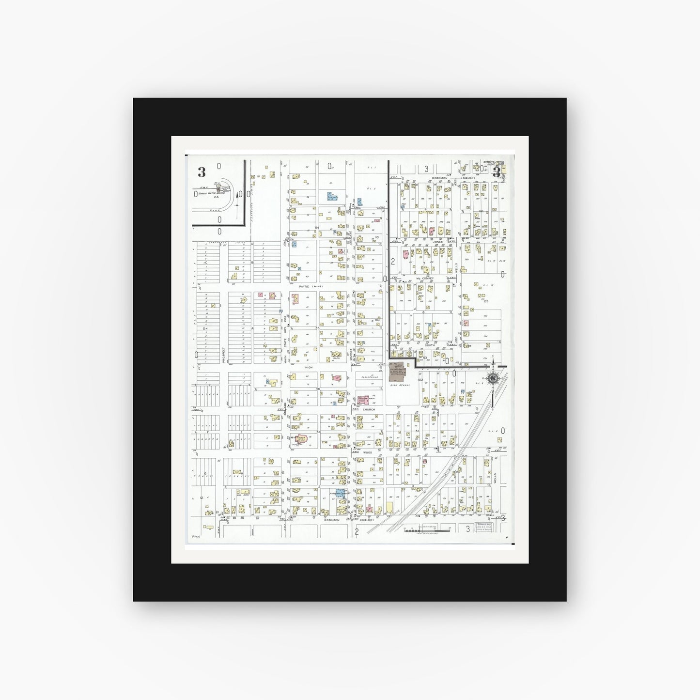 Old map wall art mockup — black gallery frame with white mat — Sanborn Fire Insurance Map from Shreve, Wayne County, Ohio (1950), Sheet #0003