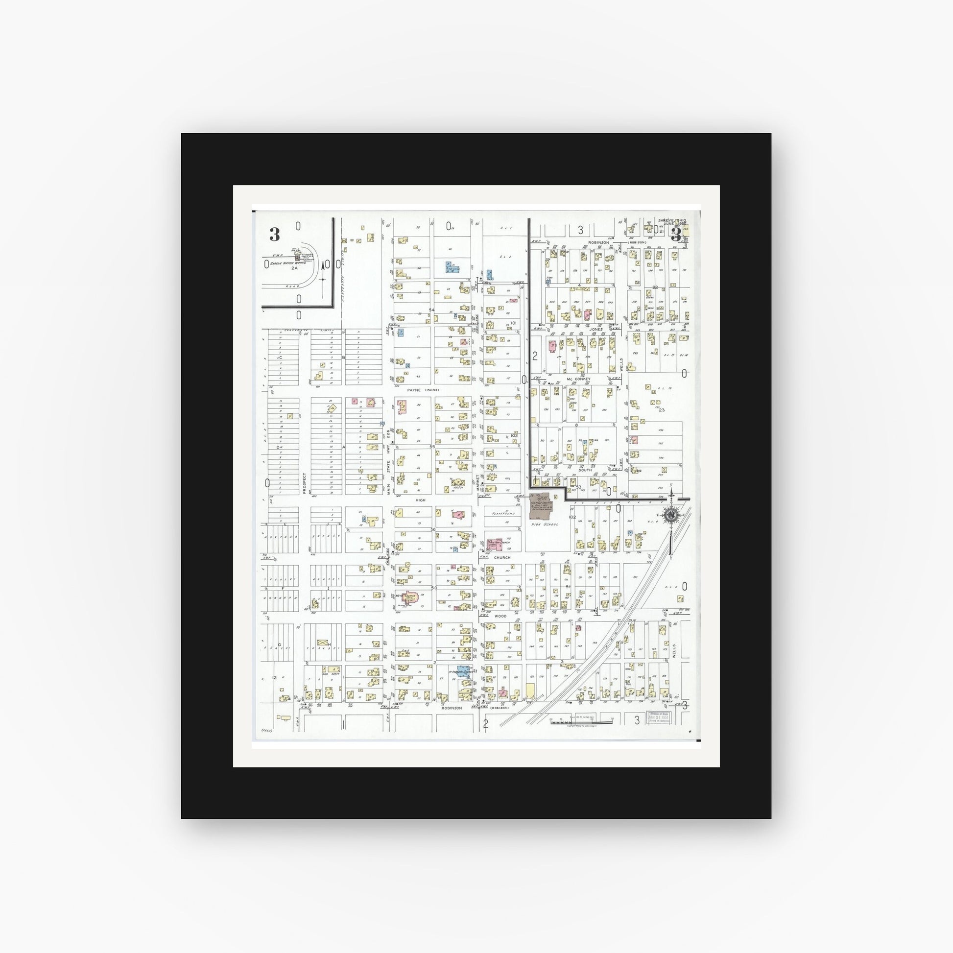 Old map wall art mockup — black gallery frame with white mat — Sanborn Fire Insurance Map from Shreve, Wayne County, Ohio (1950), Sheet #0003