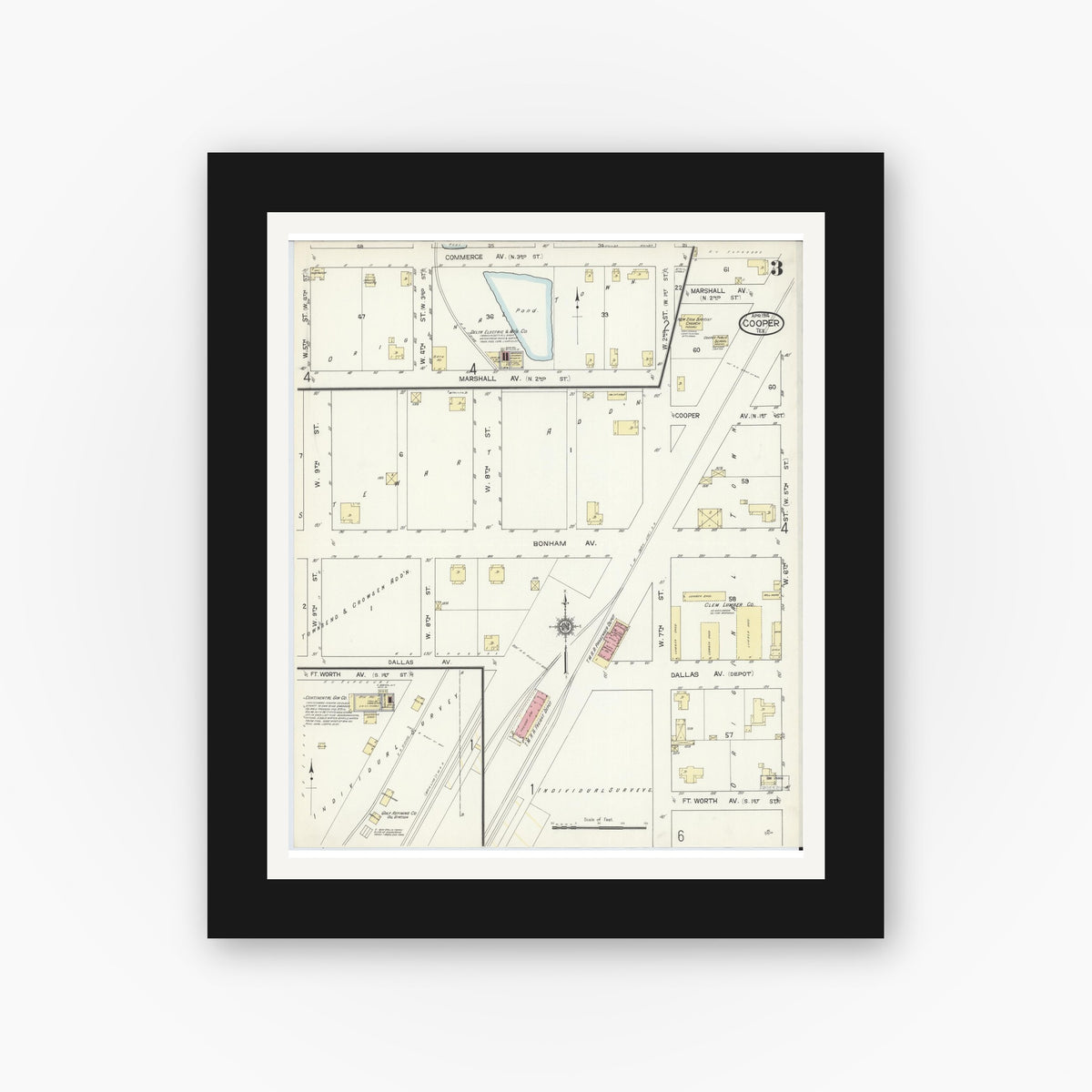 Old map wall art mockup — black gallery frame with white mat — Sanborn Fire Insurance Map from Cooper, Delta County, Texas (1914), Sheet #0003