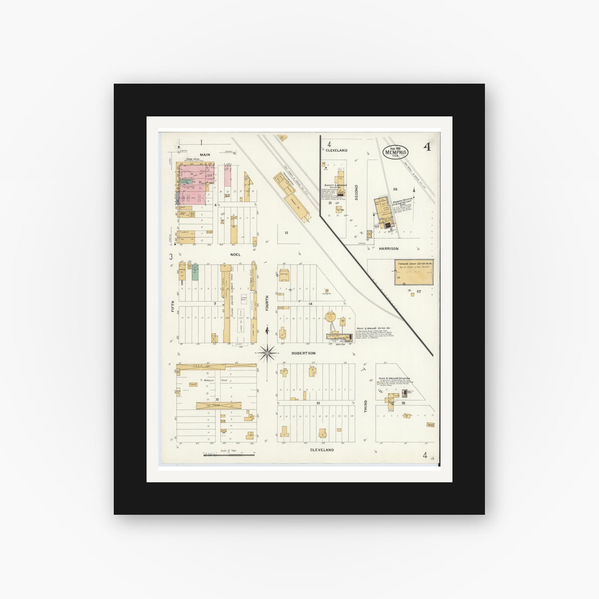 Old map wall art mockup — black gallery frame with white mat — Sanborn Fire Insurance Map from Memphis, Hall County, Texas (1908), Sheet #0004