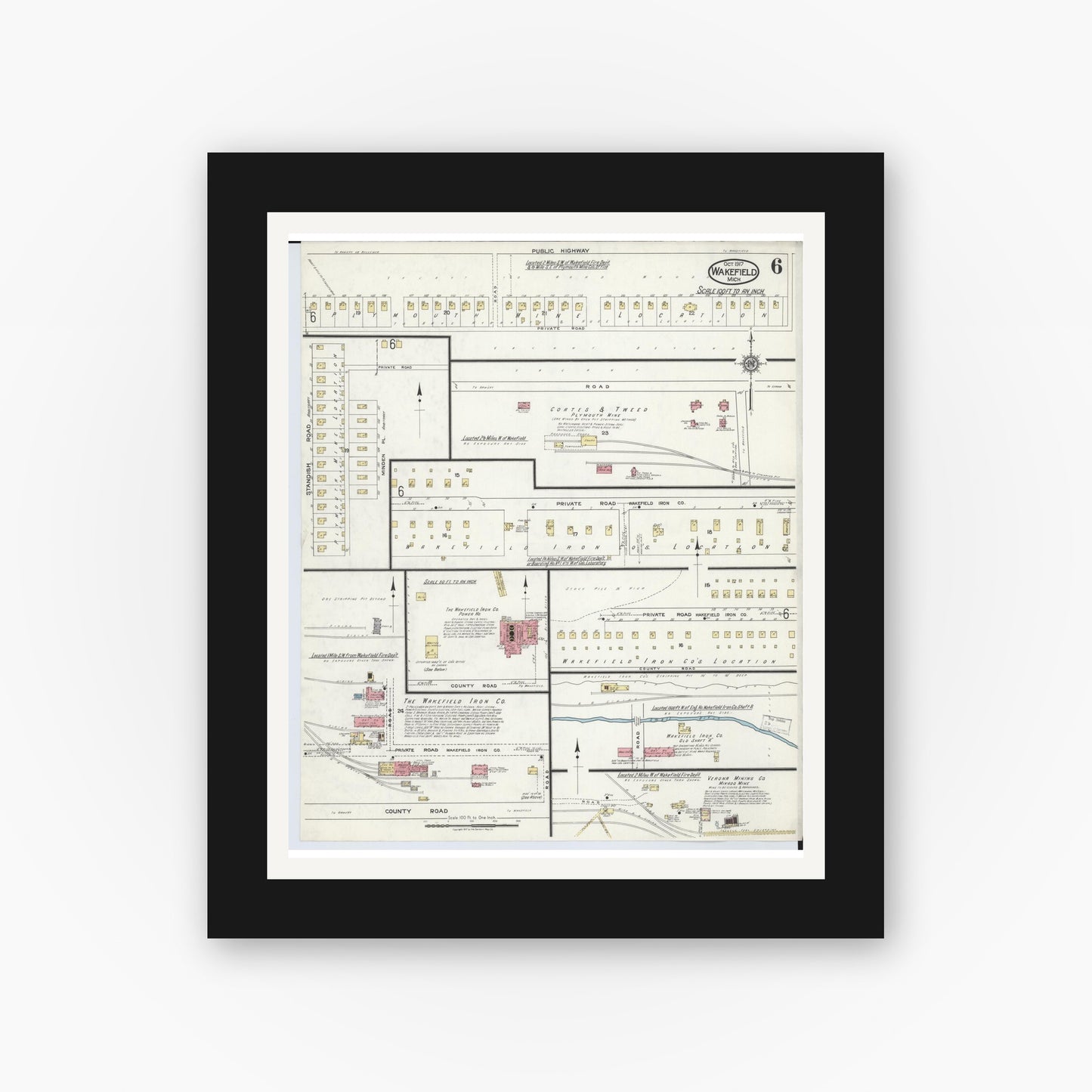 Old map wall art mockup — black gallery frame with white mat — Sanborn Fire Insurance Map from Wakefield, Gogebic County, Michigan (1917), Sheet #0006