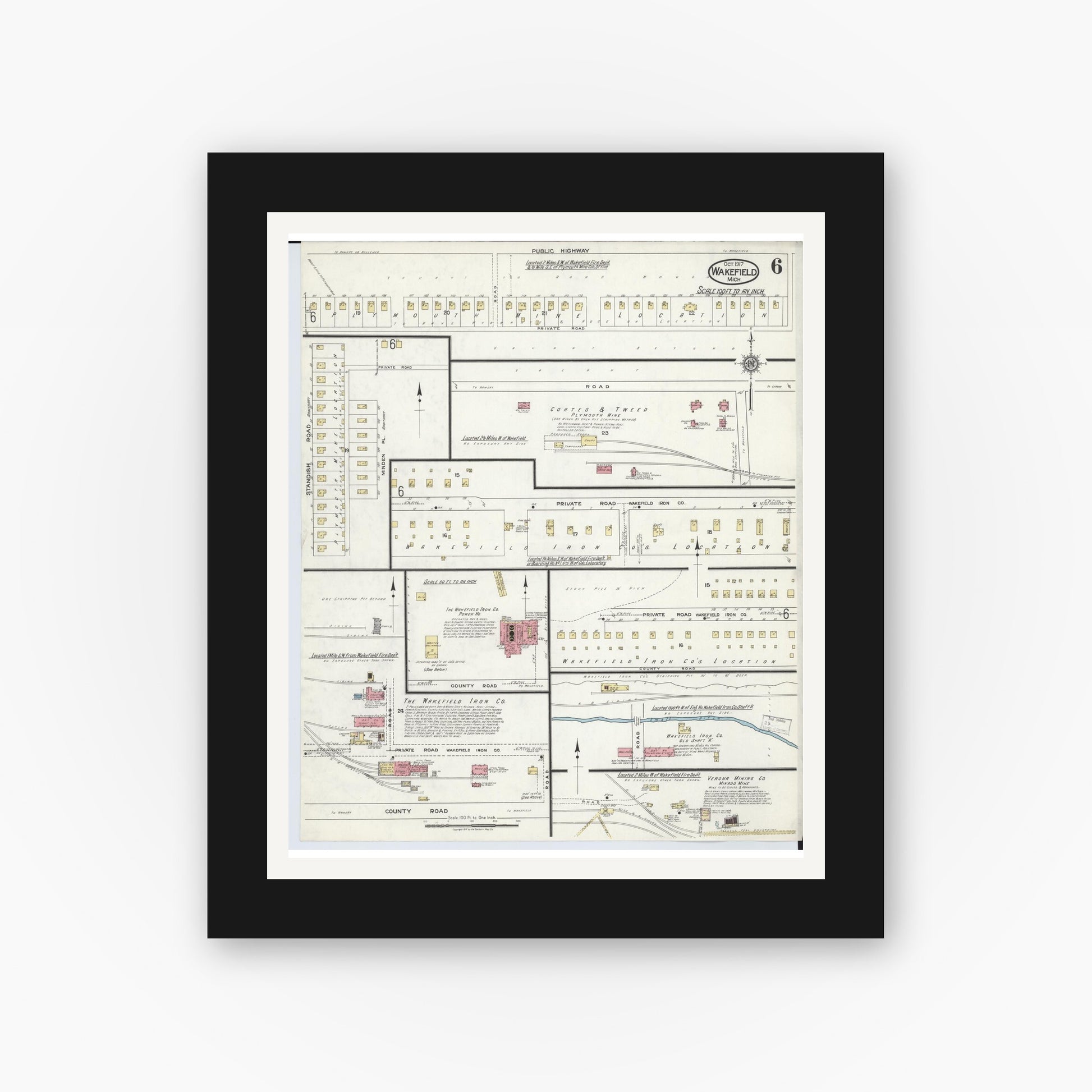 Old map wall art mockup — black gallery frame with white mat — Sanborn Fire Insurance Map from Wakefield, Gogebic County, Michigan (1917), Sheet #0006