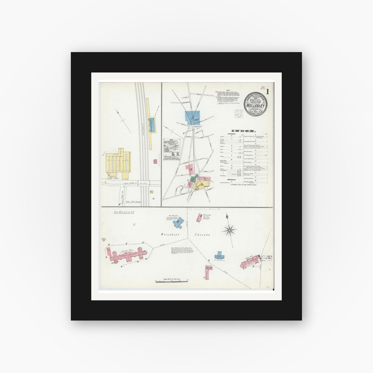 Old map wall art mockup — black gallery frame with white mat — Sanborn Fire Insurance Map from Wellesley, Norfolk County, Massachusetts (1906), Sheet #0001
