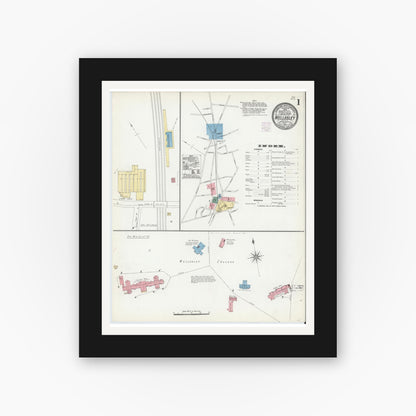 Old map wall art mockup — black gallery frame with white mat — Sanborn Fire Insurance Map from Wellesley, Norfolk County, Massachusetts (1906), Sheet #0001