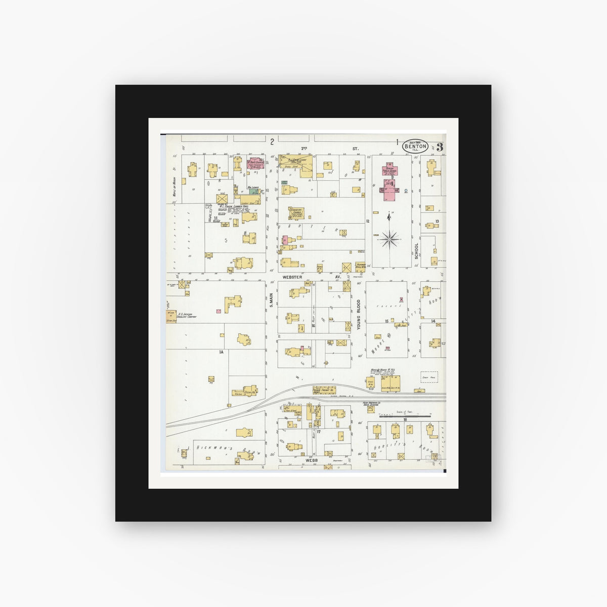 Old map wall art mockup — black gallery frame with white mat — Sanborn Fire Insurance Map from Benton, Franklin County, Illinois (1900), Sheet #0003
