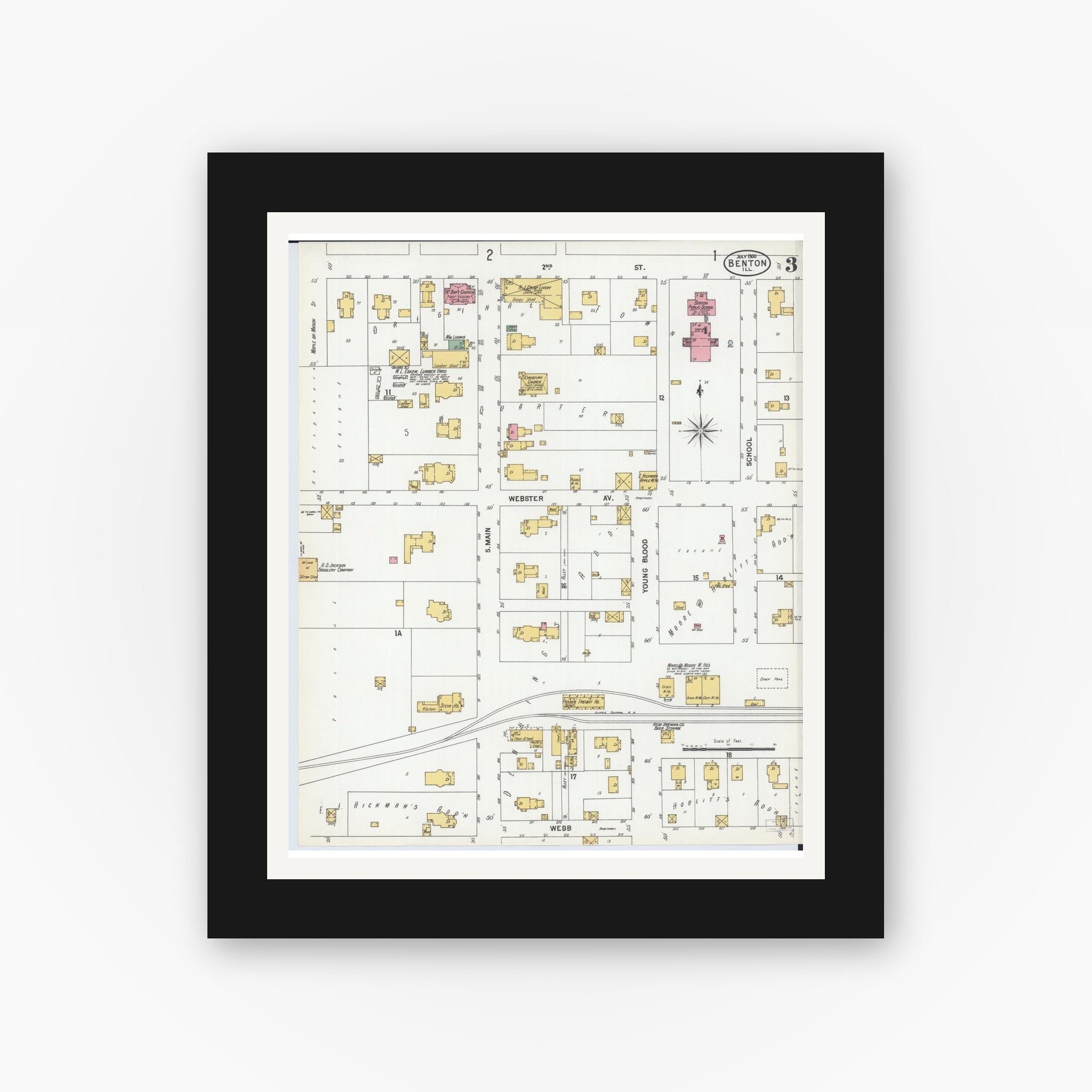 Old map wall art mockup — black gallery frame with white mat — Sanborn Fire Insurance Map from Benton, Franklin County, Illinois (1900), Sheet #0003