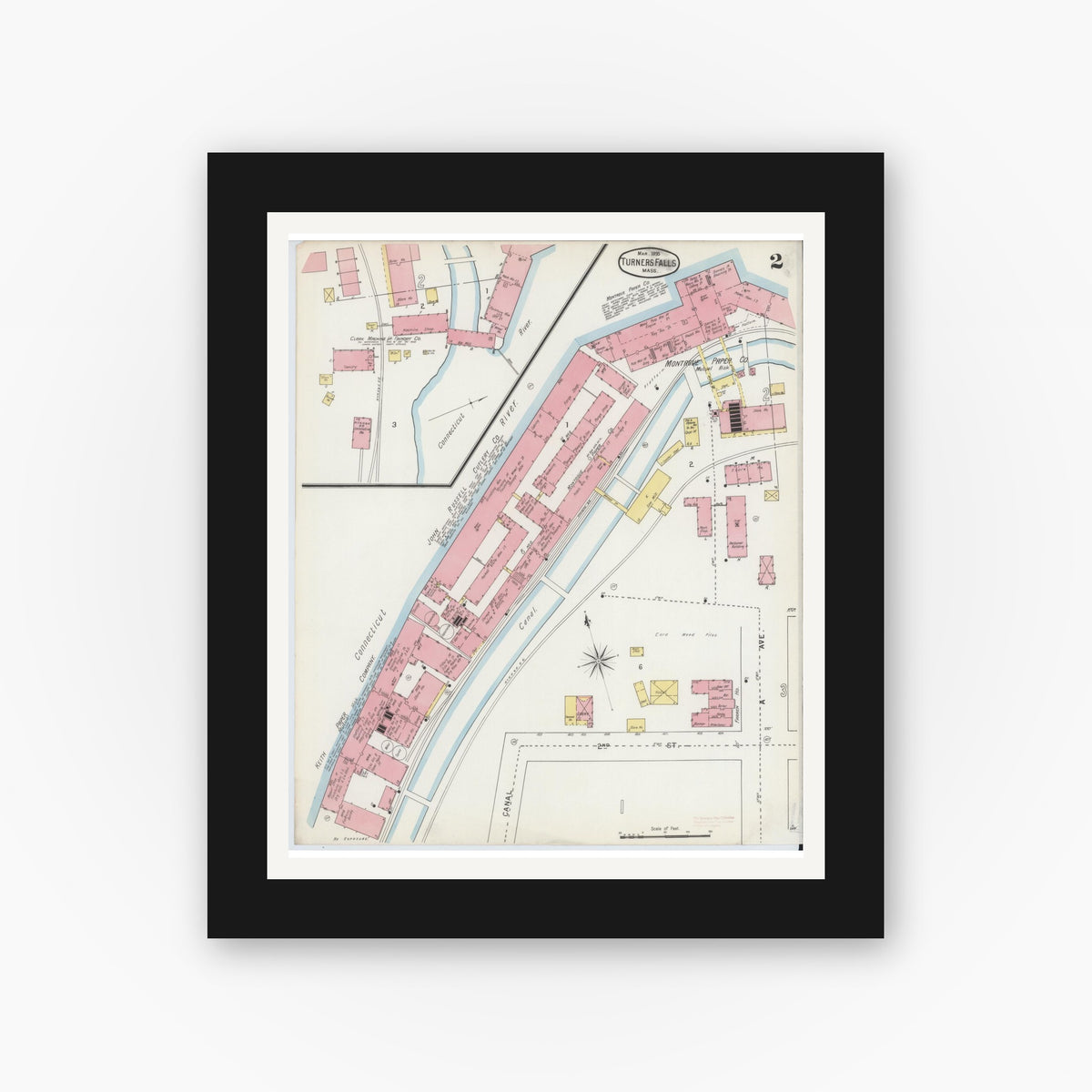 Old map wall art mockup — black gallery frame with white mat — Sanborn Fire Insurance Map from Turners Falls, Franklin County, Massachusetts (1895), Sheet #0002