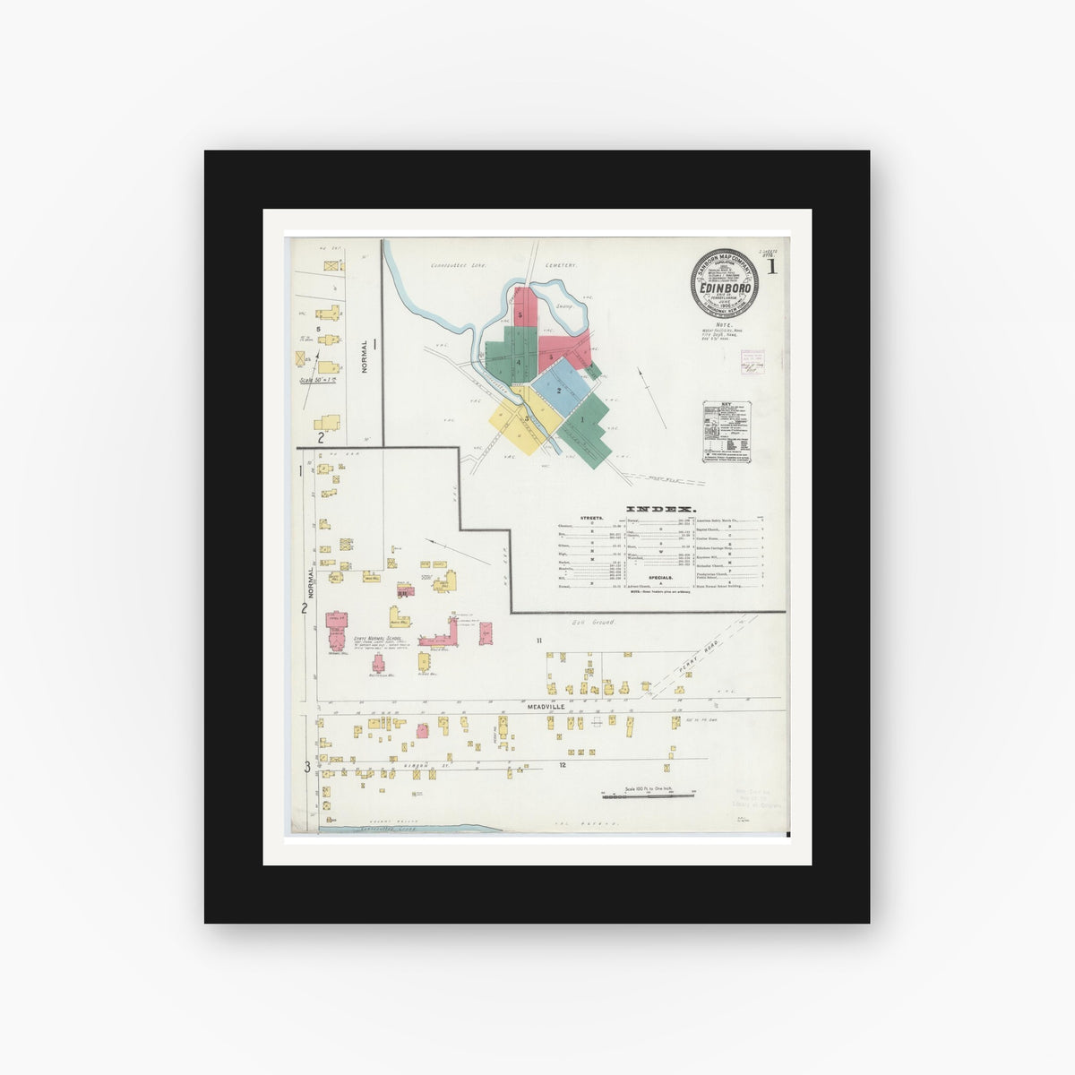 Old map wall art mockup — black gallery frame with white mat — Sanborn Fire Insurance Map from Edinboro, Erie County, Pennsylvania (1906) - Complete Map Set