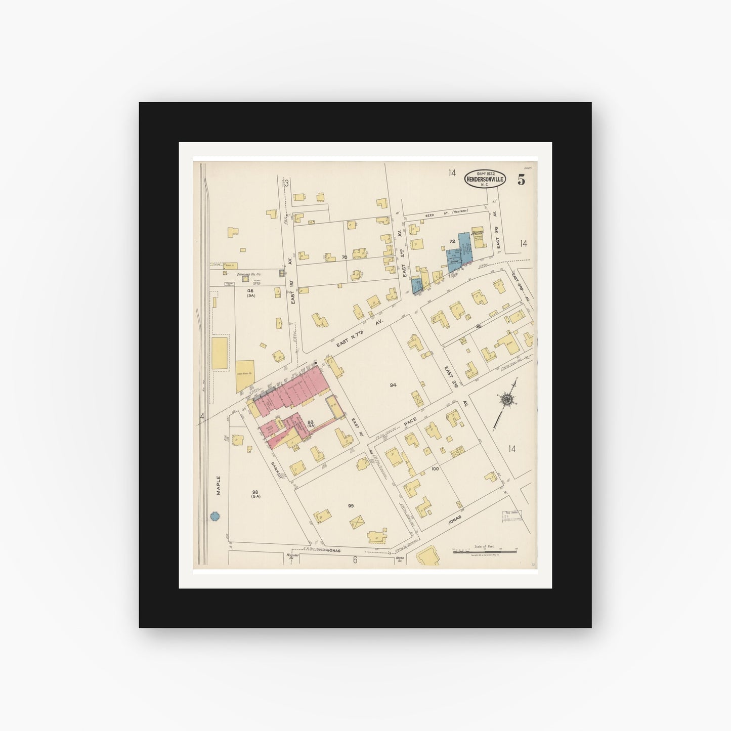 Old map wall art mockup — black gallery frame with white mat — Sanborn Fire Insurance Map from Hendersonville, Henderson County, North Carolina (1922), Sheet #0005