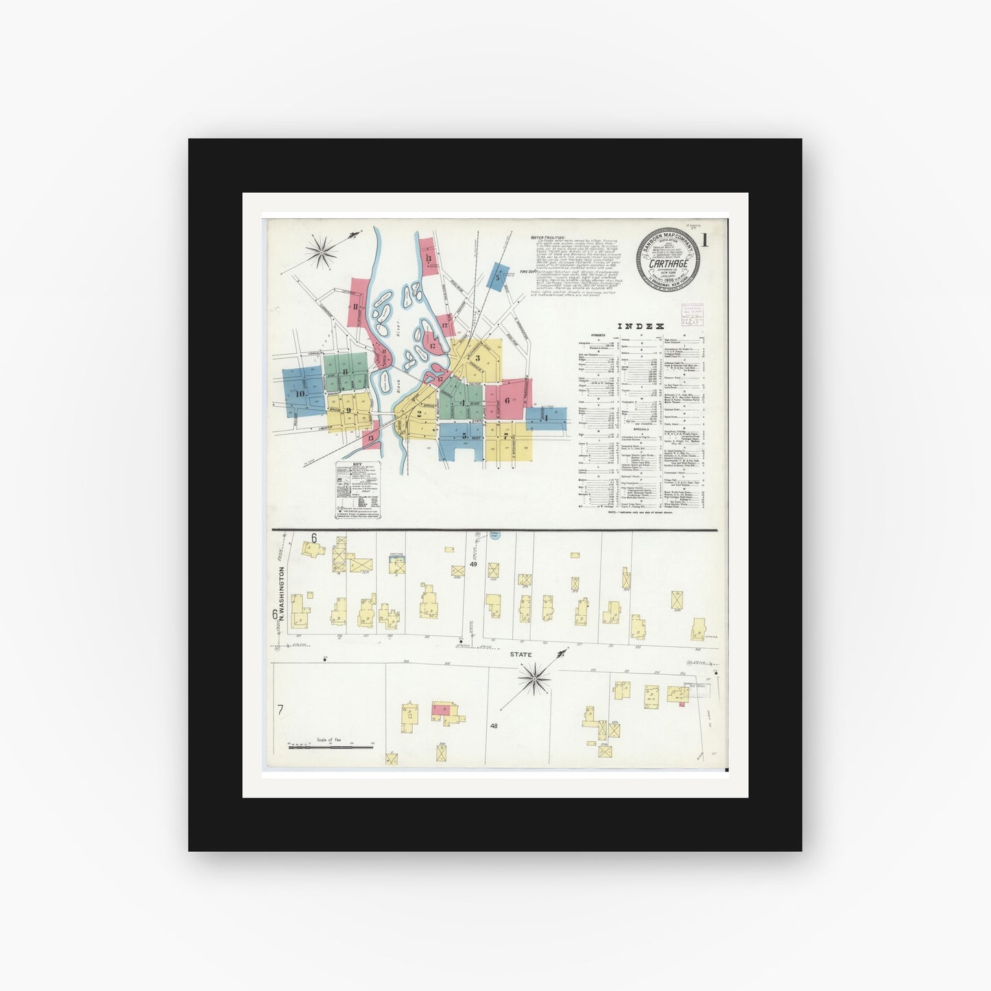 Old map wall art mockup — black gallery frame with white mat — Sanborn Fire Insurance Map from Carthage, Jefferson County, New York (1908), Sheet #0001