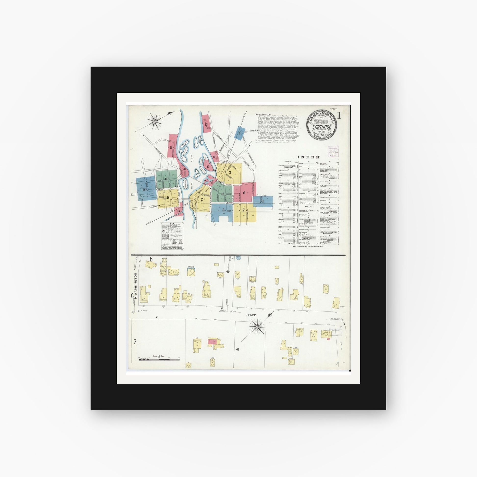 Old map wall art mockup — black gallery frame with white mat — Sanborn Fire Insurance Map from Carthage, Jefferson County, New York (1908), Sheet #0001