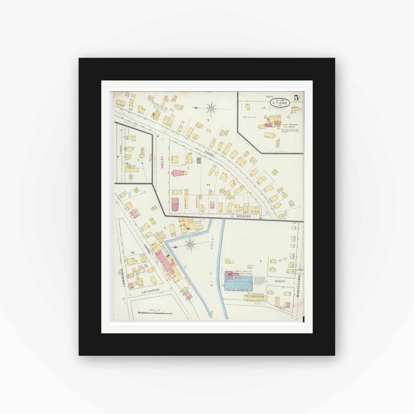 Old map wall art mockup — black gallery frame with white mat — Sanborn Fire Insurance Map from Lyons, Wayne County, New York (1894), Sheet #0005
