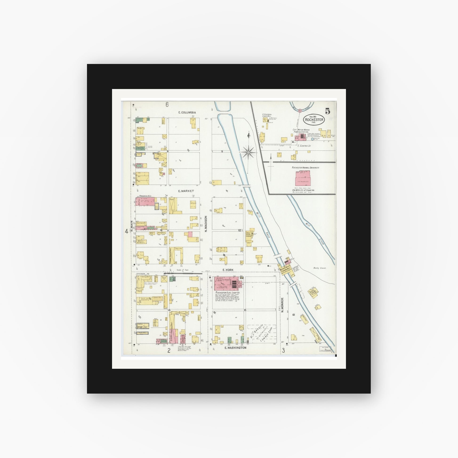 Old map wall art mockup — black gallery frame with white mat — Sanborn Fire Insurance Map from Rochester, Fulton County, Indiana (1901), Sheet #0005