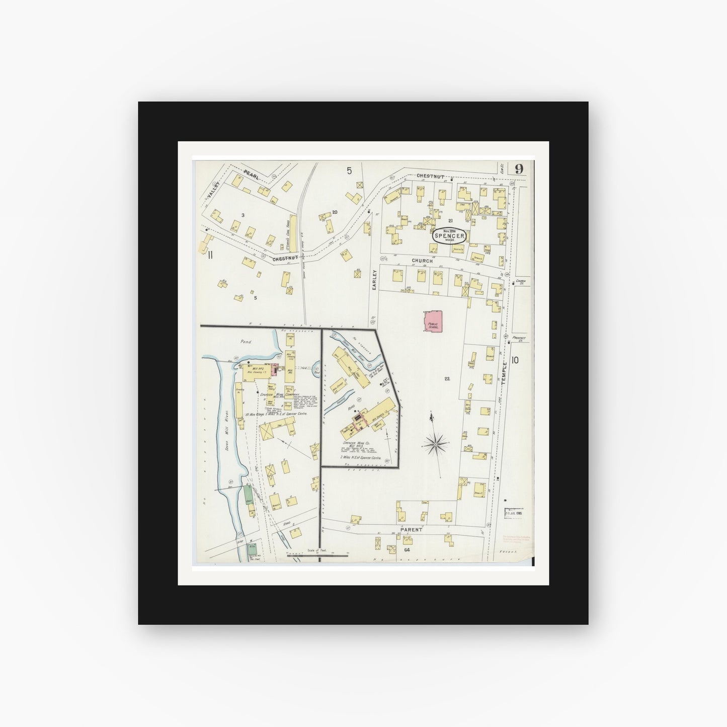 Old map wall art mockup — black gallery frame with white mat — Sanborn Fire Insurance Map from Spencer, Worcester County, Massachusetts (1896), Sheet #0009