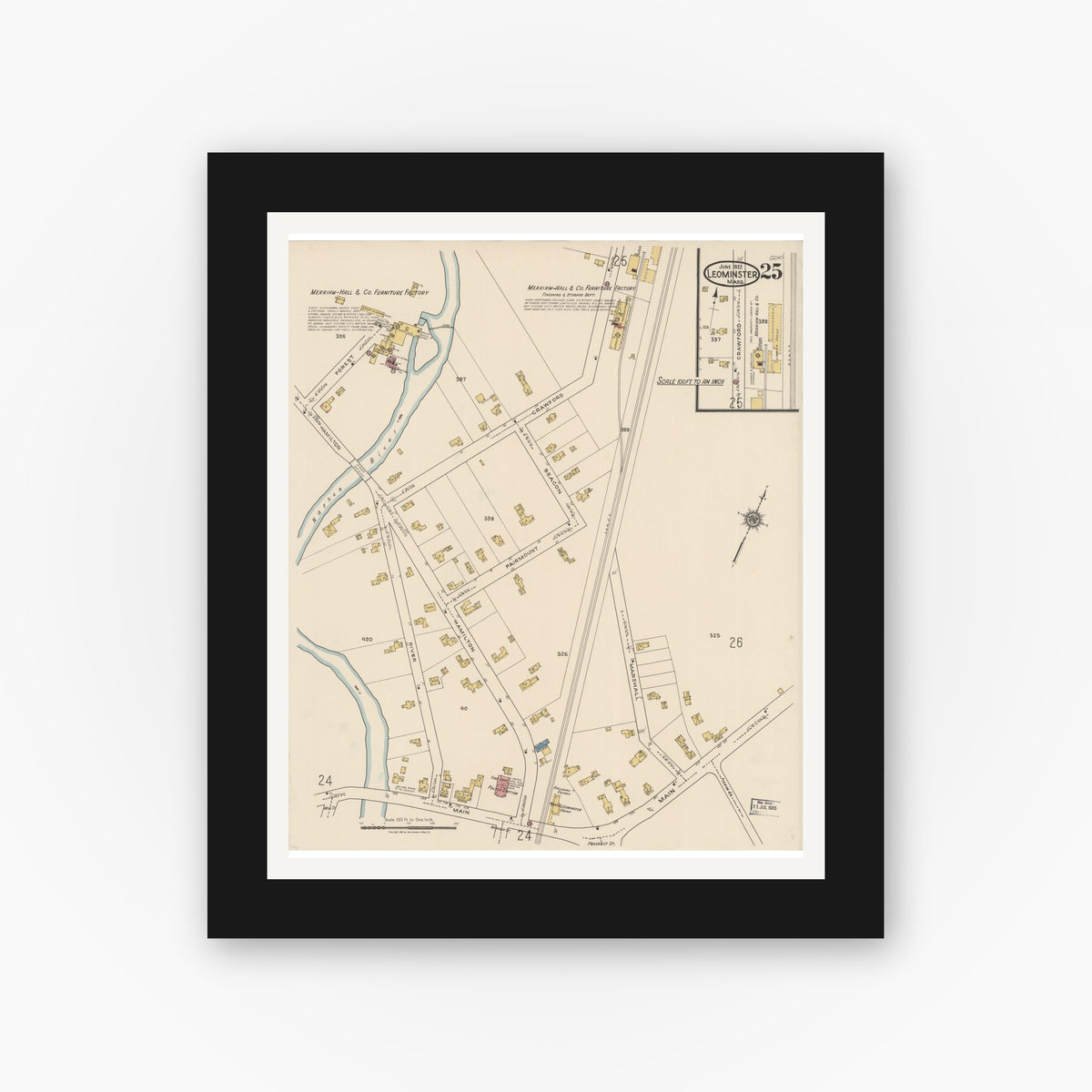 Old map wall art mockup — black gallery frame with white mat — Sanborn Fire Insurance Map from Leominster, Worcester County, Massachusetts (1922), Sheet #0025
