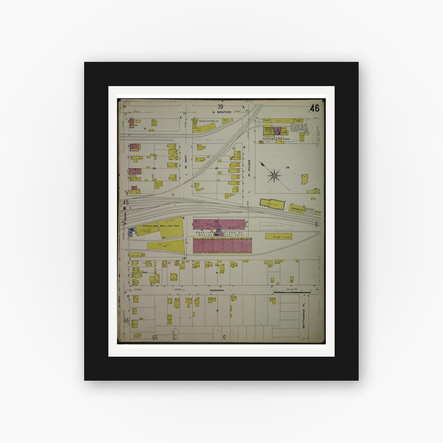 Old map wall art mockup — black gallery frame with white mat — Sanborn Fire Insurance Map from Madison, Dane County, Wisconsin (1908), Sheet #0046