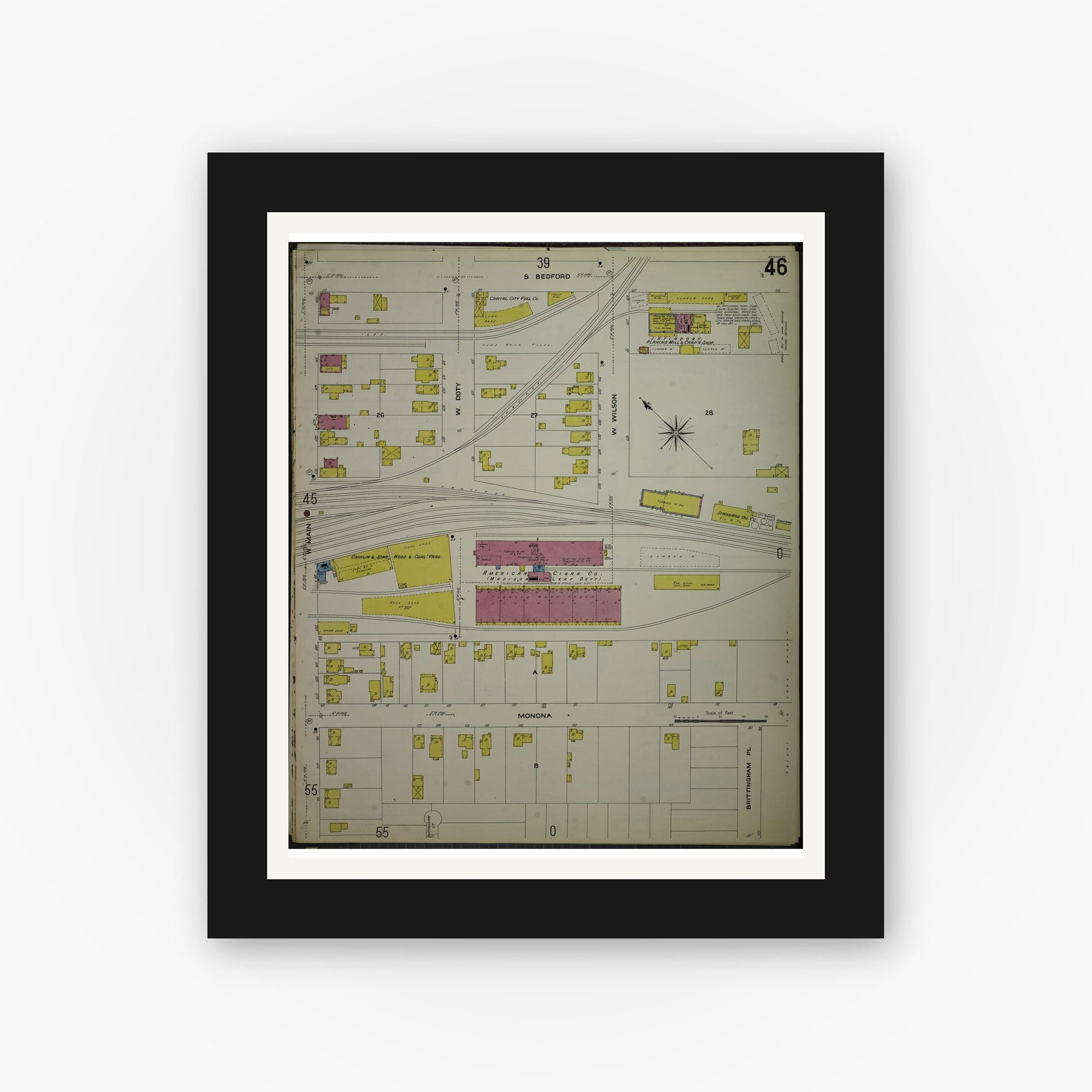 Old map wall art mockup — black gallery frame with white mat — Sanborn Fire Insurance Map from Madison, Dane County, Wisconsin (1908), Sheet #0046