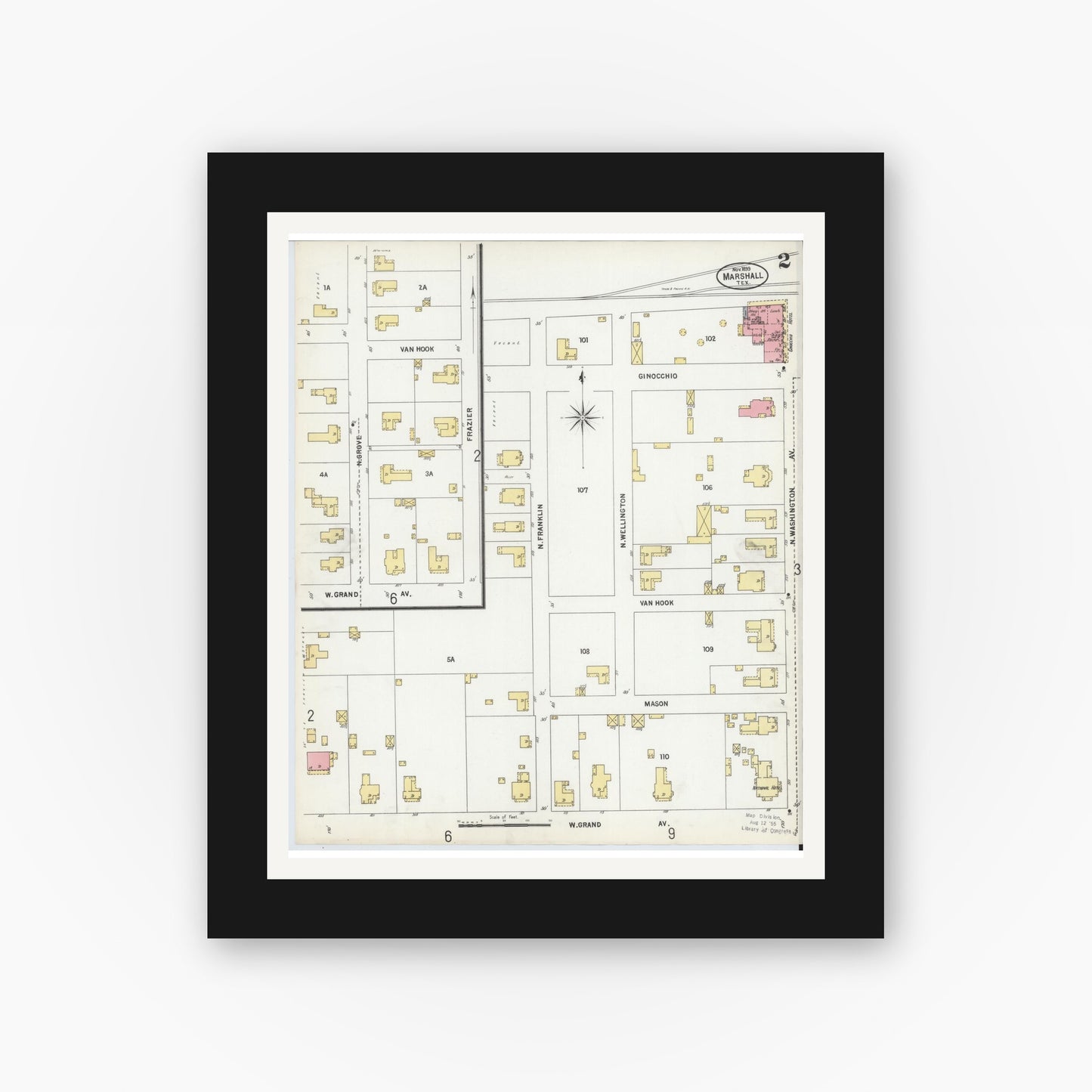 Old map wall art mockup — black gallery frame with white mat — Sanborn Fire Insurance Map from Marshall, Harrison County, Texas (1899), Sheet #0002