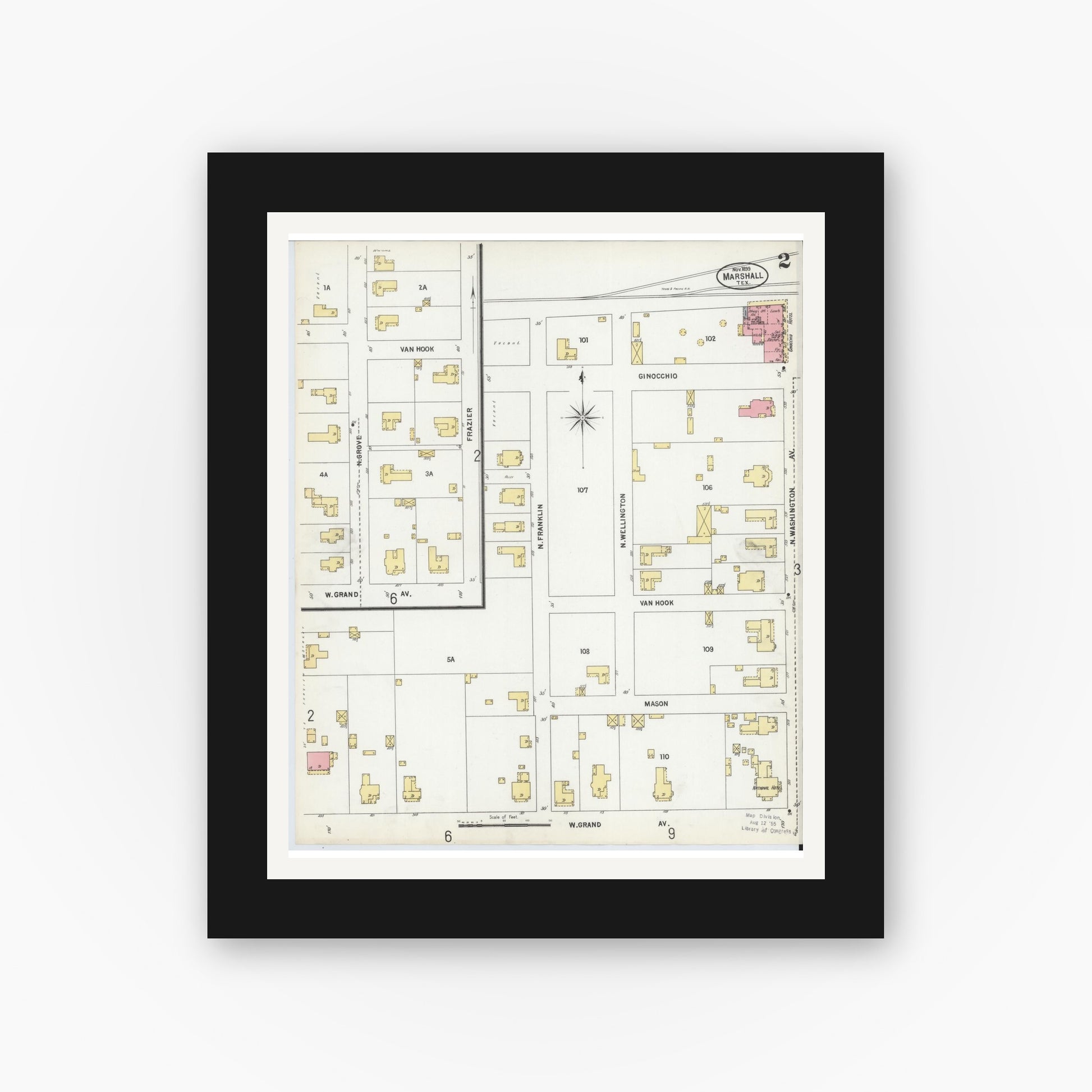 Old map wall art mockup — black gallery frame with white mat — Sanborn Fire Insurance Map from Marshall, Harrison County, Texas (1899), Sheet #0002
