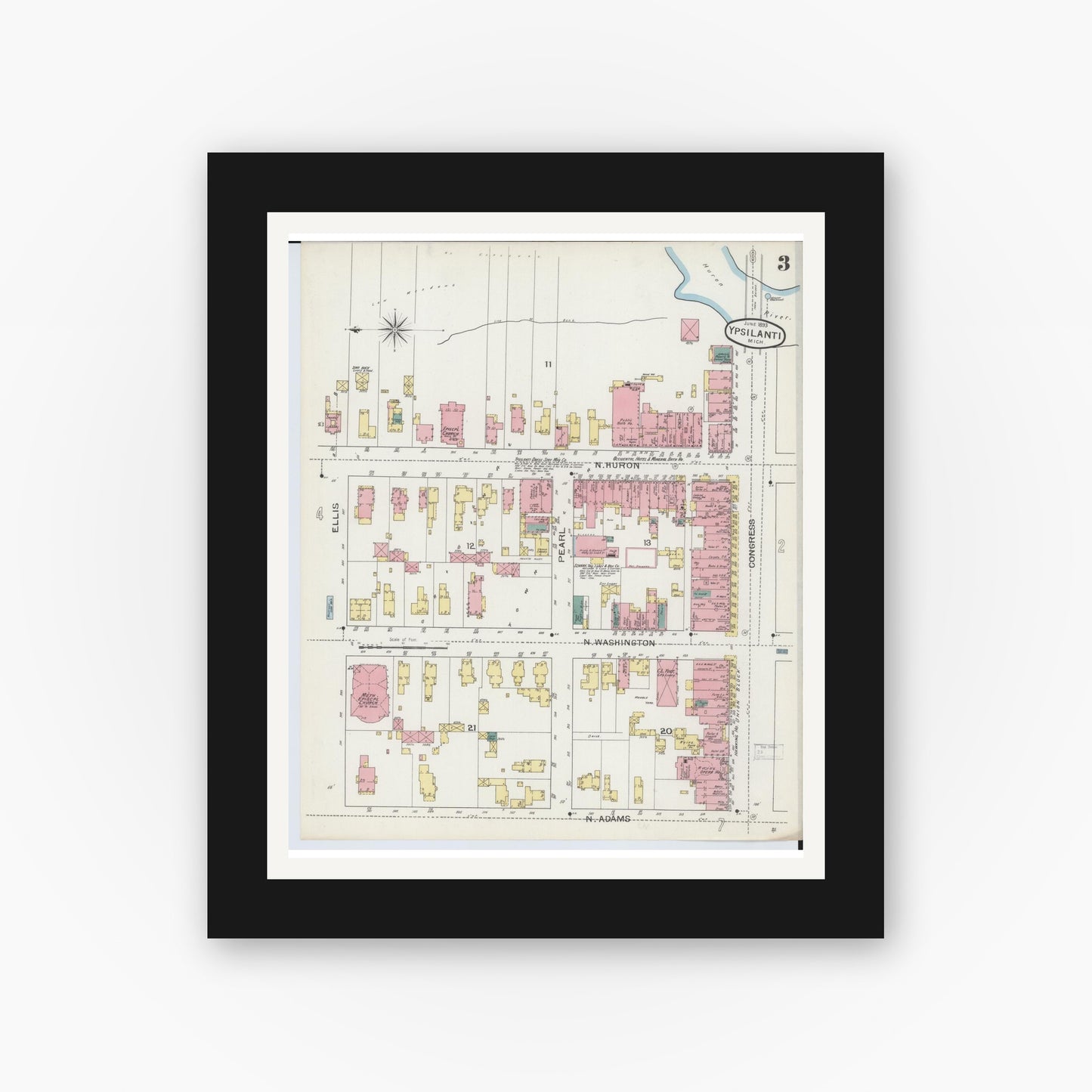Old map wall art mockup — black gallery frame with white mat — Sanborn Fire Insurance Map from Ypsilanti, Washtenaw County, Michigan (1893), Sheet #0003