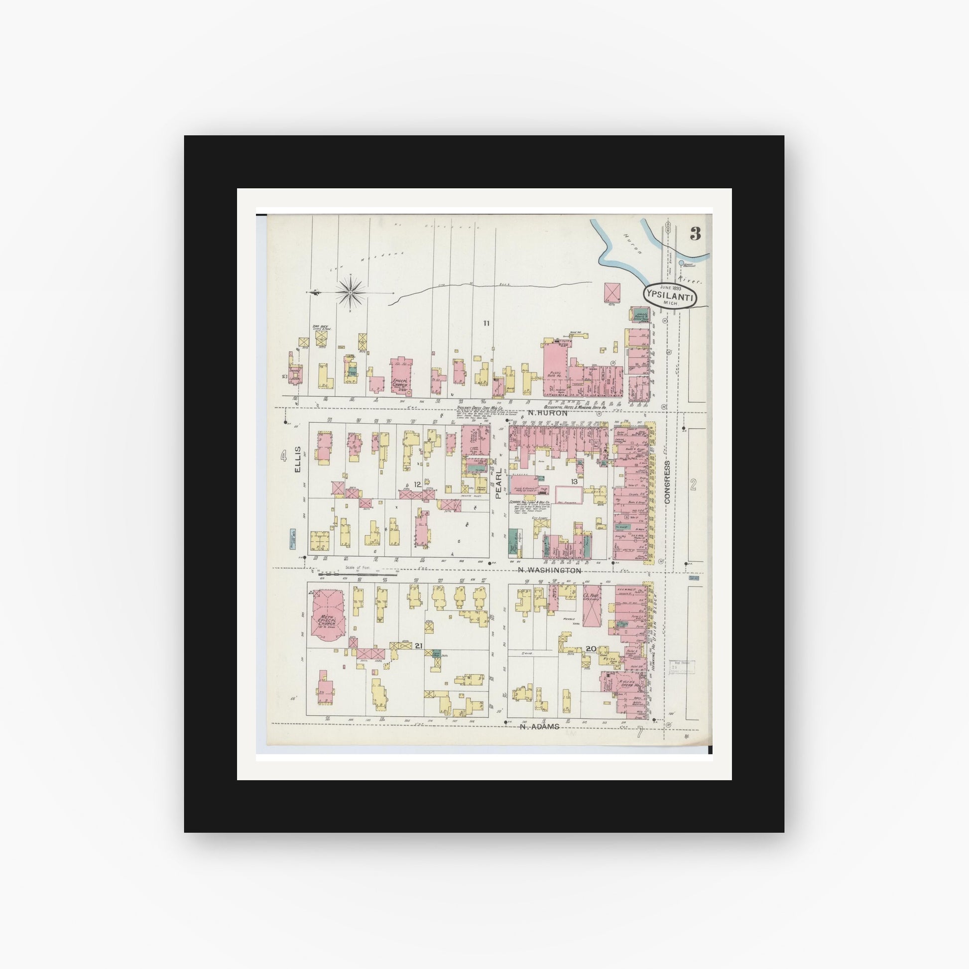 Old map wall art mockup — black gallery frame with white mat — Sanborn Fire Insurance Map from Ypsilanti, Washtenaw County, Michigan (1893), Sheet #0003