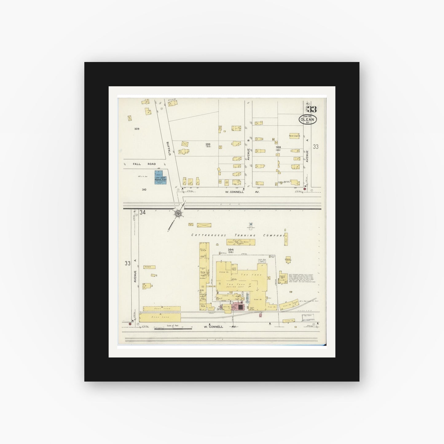 Old map wall art mockup — black gallery frame with white mat — Sanborn Fire Insurance Map from Olean, Cattaraugus County, New York (1915), Sheet #0033