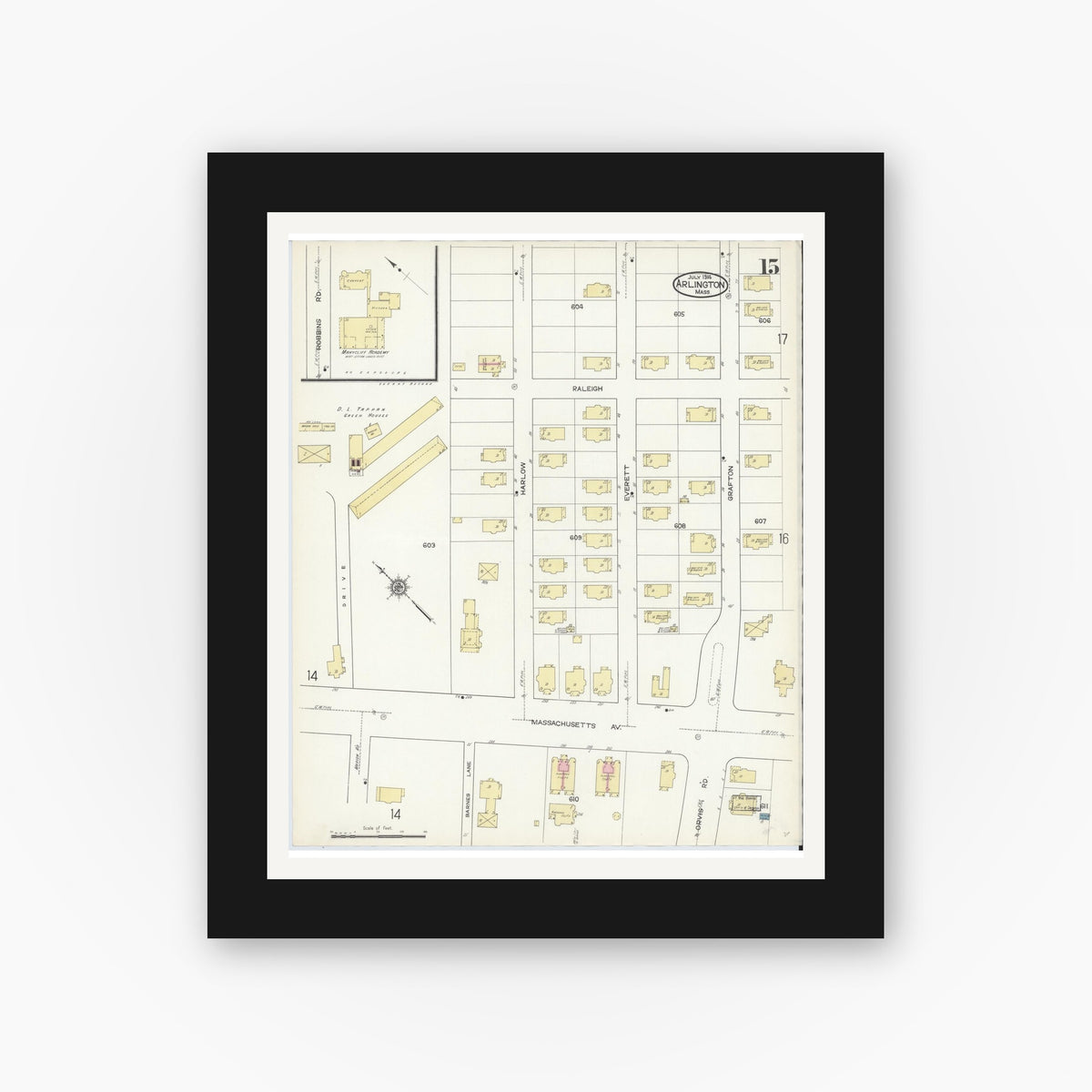 Old map wall art mockup — black gallery frame with white mat — Sanborn Fire Insurance Map from Arlington, Middlesex County, Massachusetts (1914), Sheet #0015
