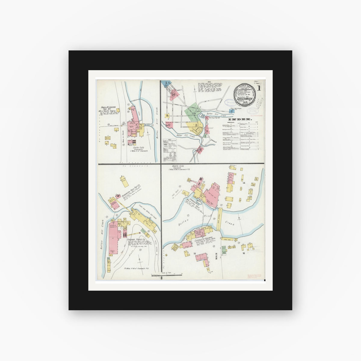 Old map wall art mockup — black gallery frame with white mat — Sanborn Fire Insurance Map from Greenwich, Washington County, New York (1898) - Complete Map Set