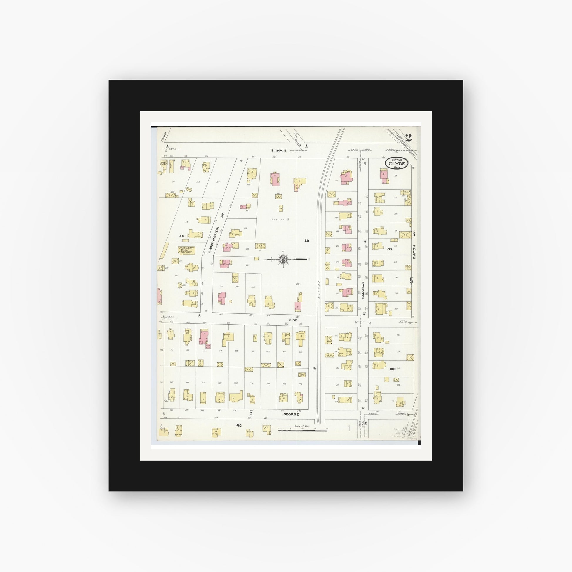 Old map wall art mockup — black gallery frame with white mat — Sanborn Fire Insurance Map from Clyde, Sandusky County, Ohio (1911), Sheet #0002