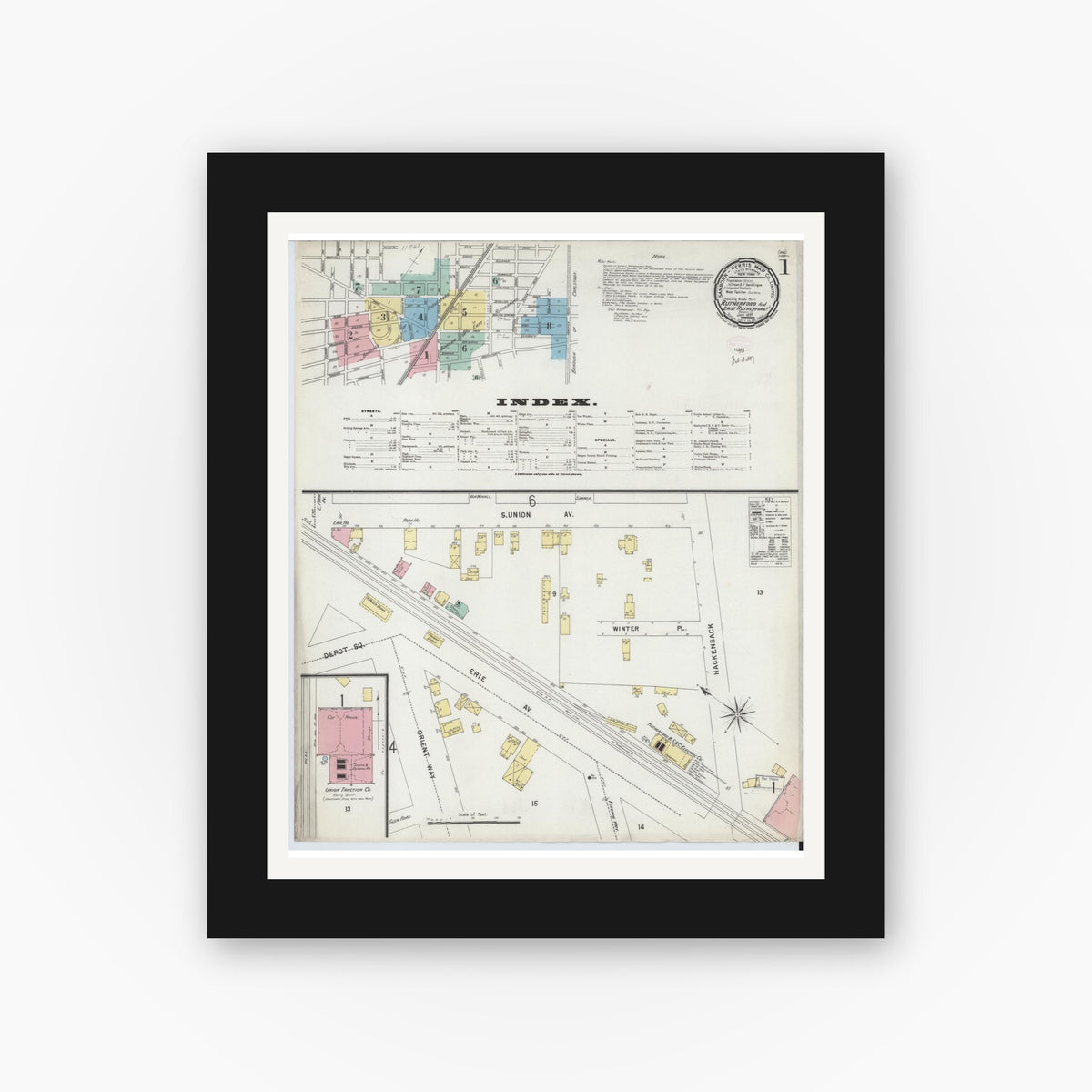 Old map wall art mockup — black gallery frame with white mat — Sanborn Fire Insurance Map from Rutherford, Bergen County, New Jersey (1897), Sheet #0001