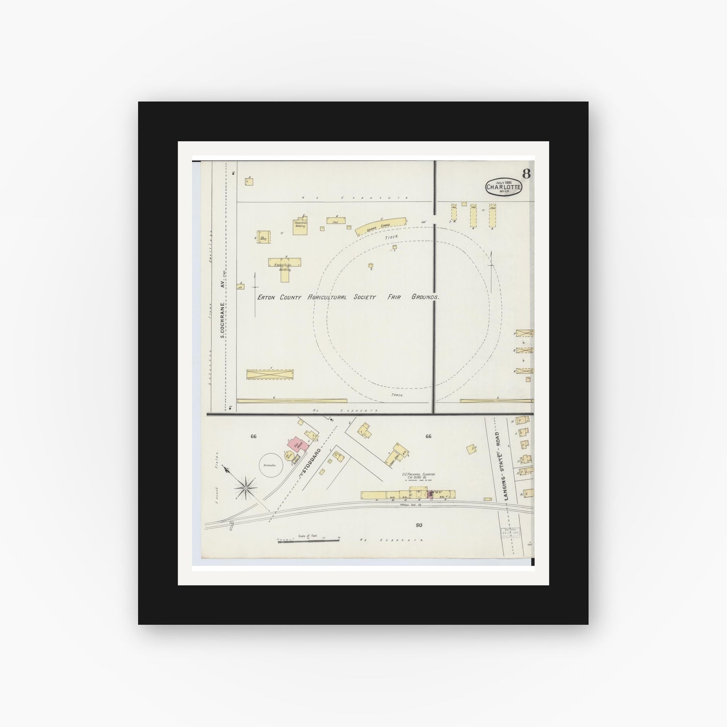 Old map wall art mockup — black gallery frame with white mat — Sanborn Fire Insurance Map from Charlotte, Eaton County, Michigan (1895), Sheet #0008