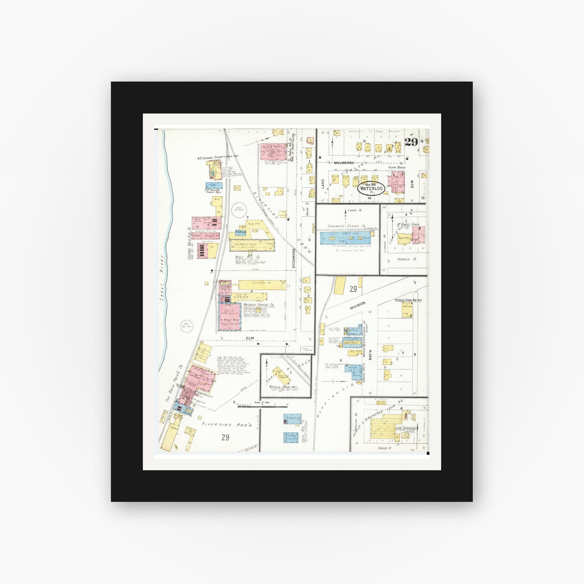 Old map wall art mockup — black gallery frame with white mat — Sanborn Fire Insurance Map from Waterloo, Black Hawk County, Iowa (1906), Sheet #0029